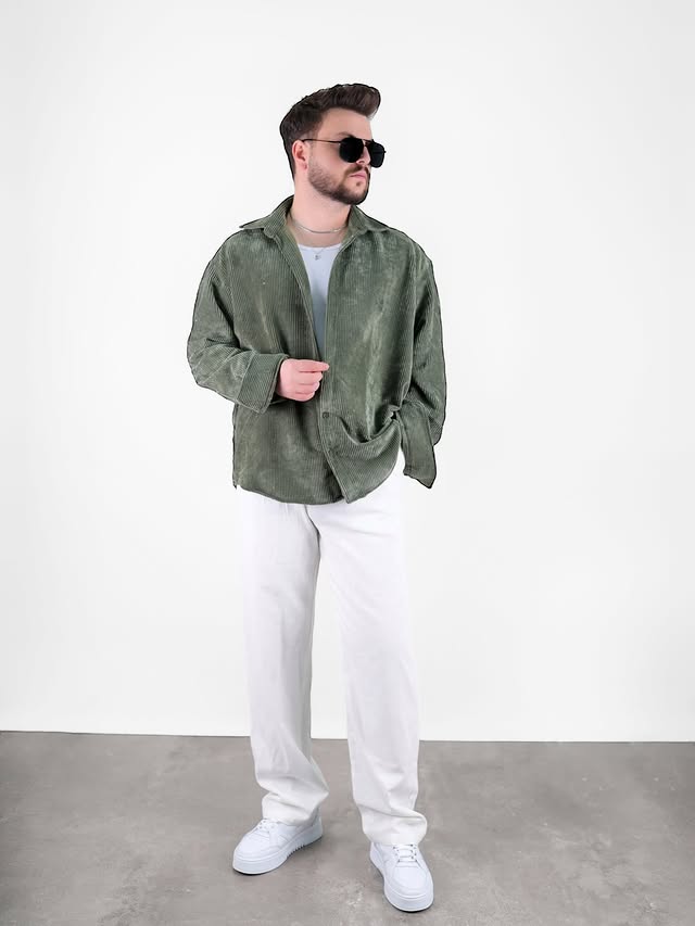 GİESTO KADİFE OVERSİZE GÖMLEK - Haki