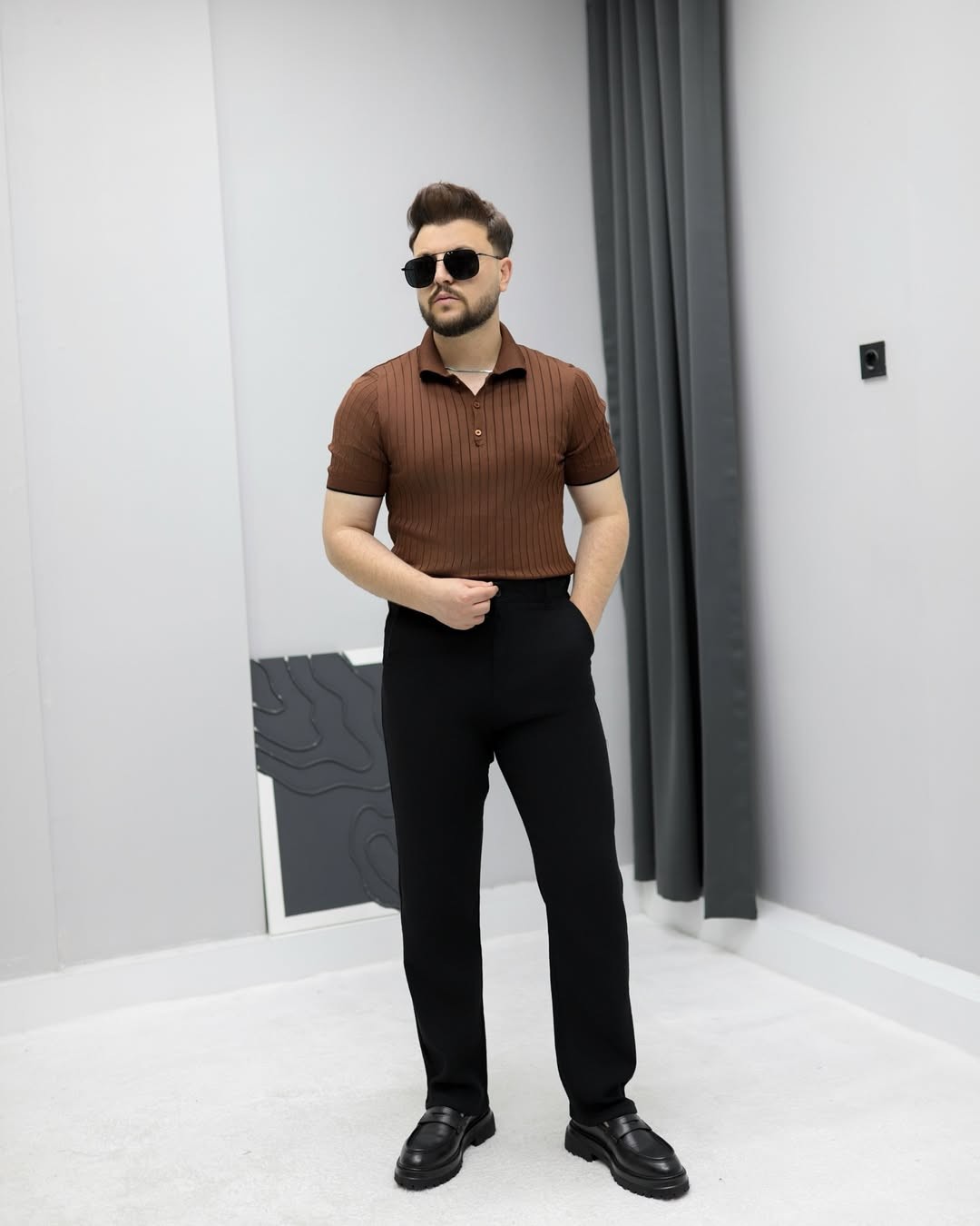 Şeritli Polo Yaka - Kahverengi