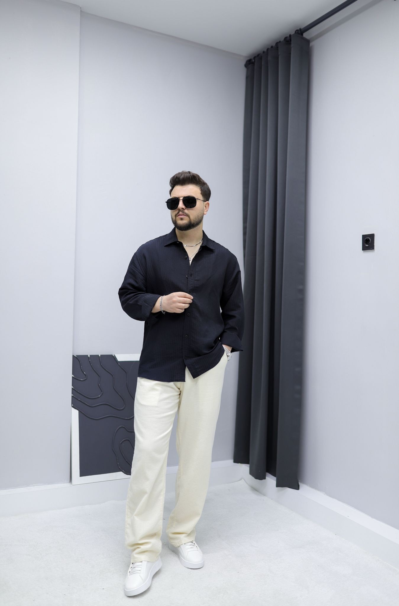 Kendinden Çizgili Oversize Gömlek - Siyah