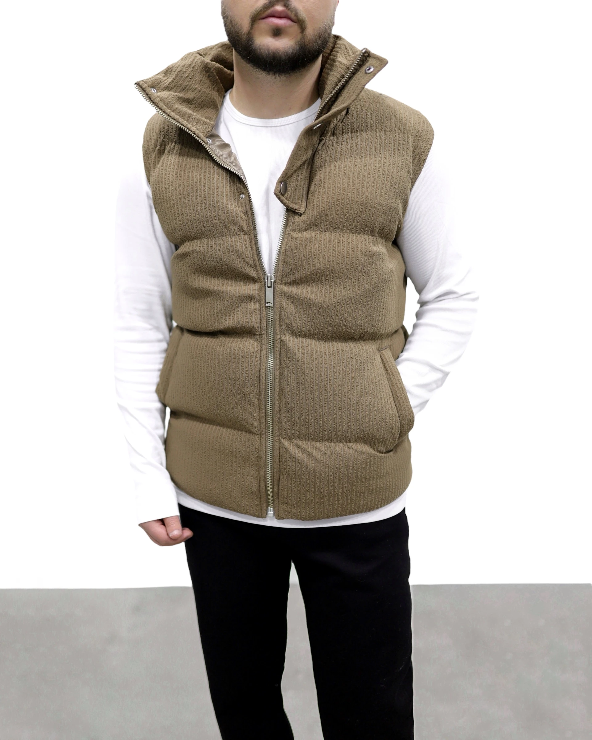 KADİFE ŞİŞME YELEK - Açık kahve