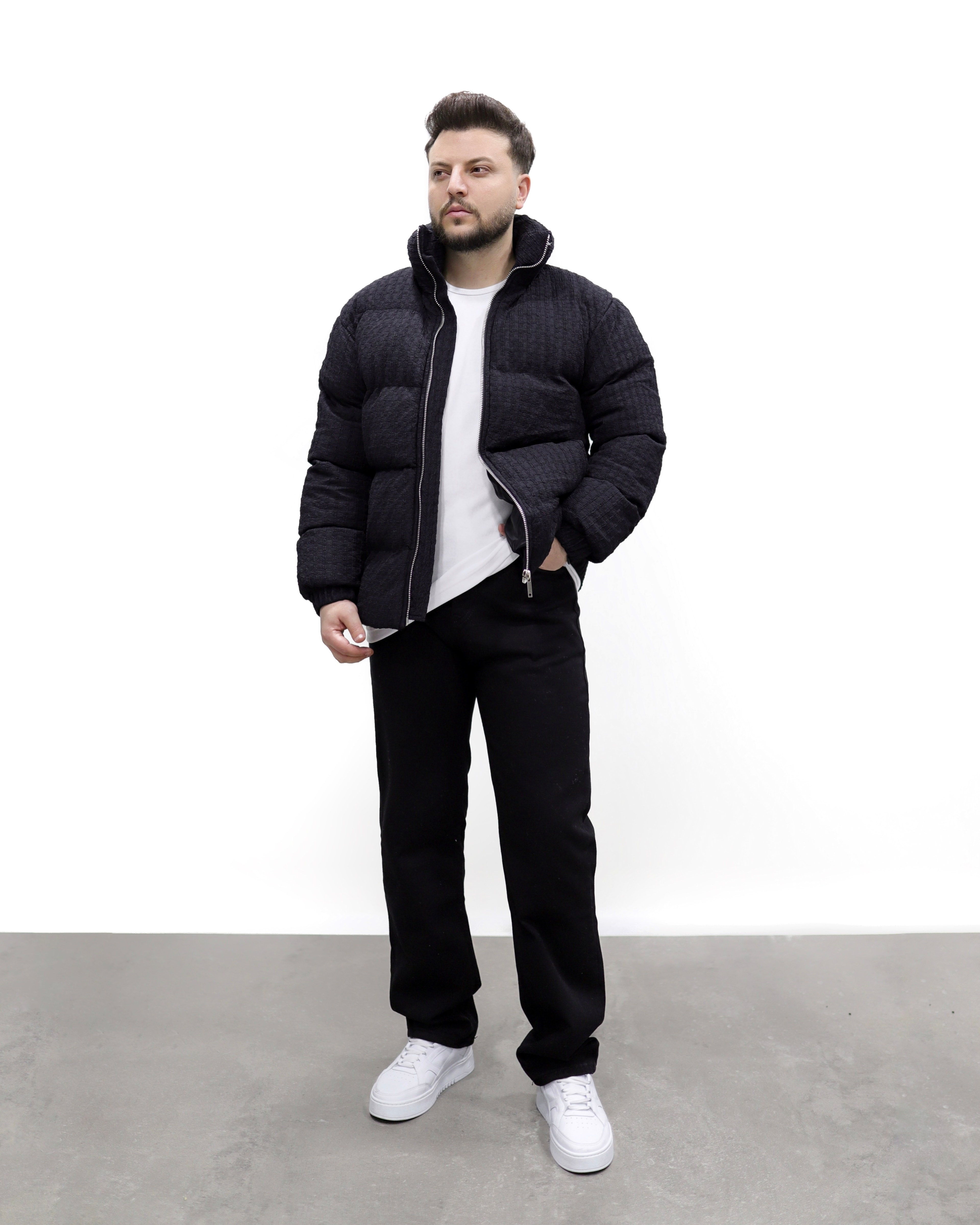 KENDİNDEN DESENLİ ŞİŞME MONT - Siyah