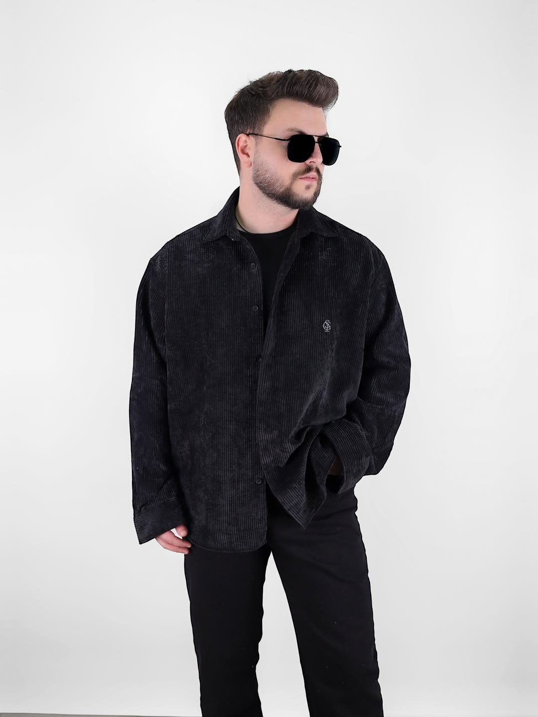 GİESTO KADİFE OVERSİZE GÖMLEK - Siyah