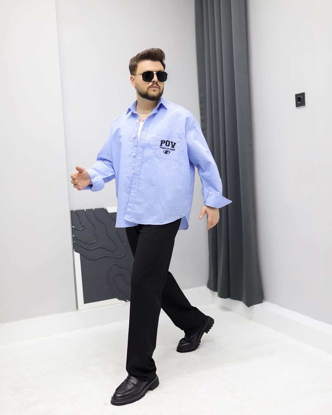 Nakış Detaylı Çizgili Oversize Gömlek