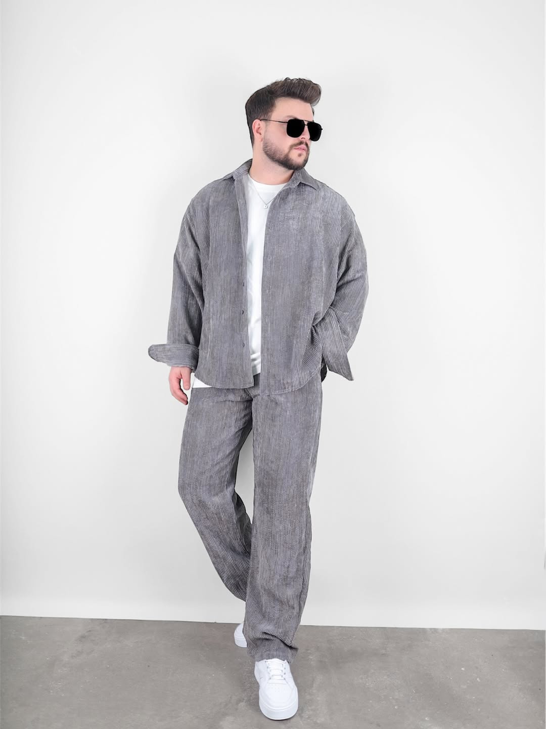 OVERSIZE EFEKTLİ KADİFE TAKIM - Gri