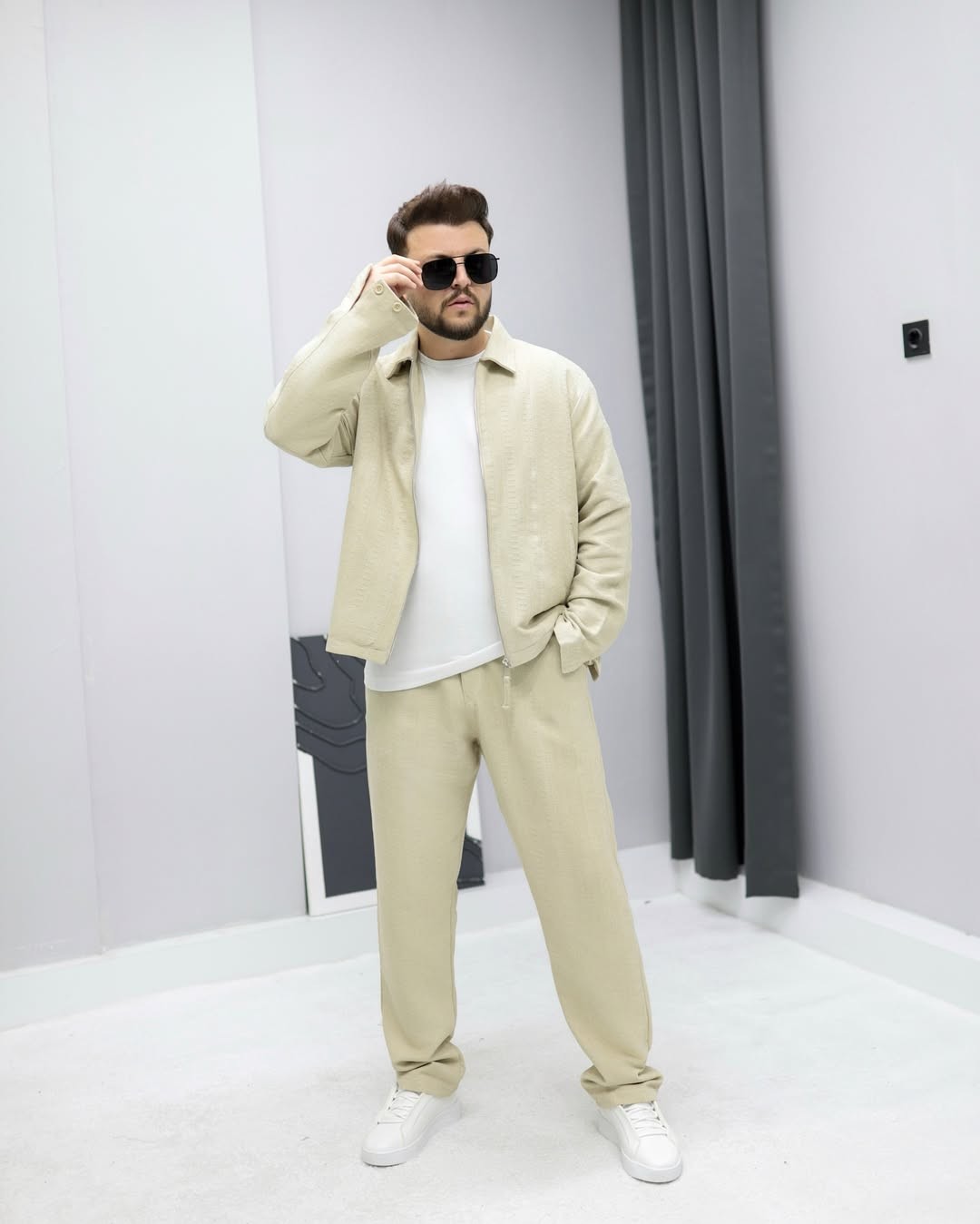 Oversize Kendinden Desenli Takım - Krem