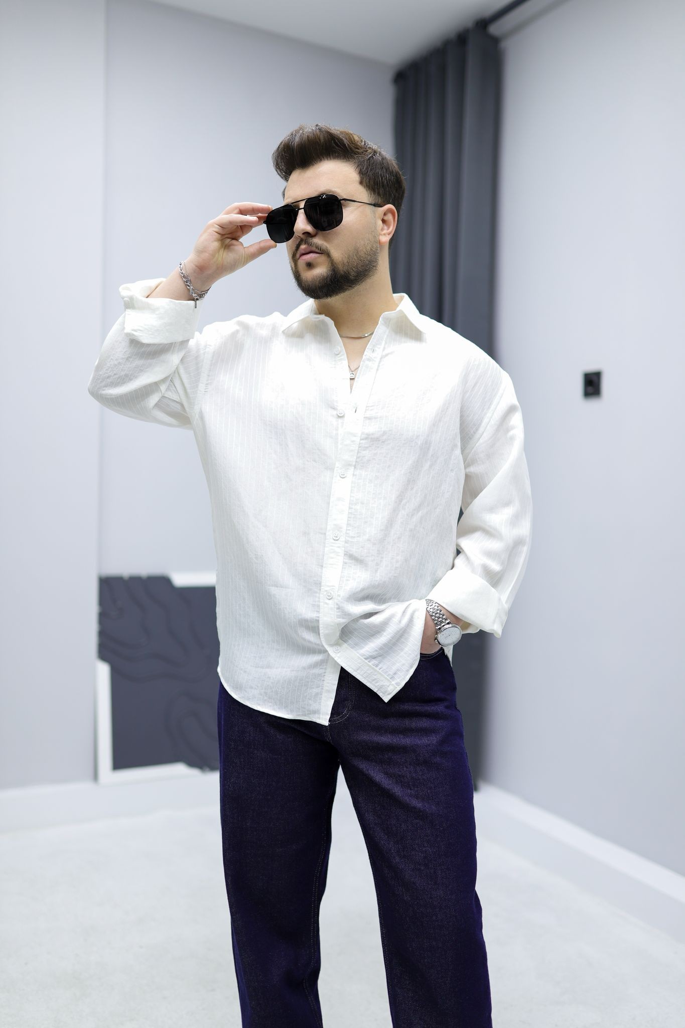 Kendinden Çizgili Oversize Gömlek - Beyaz