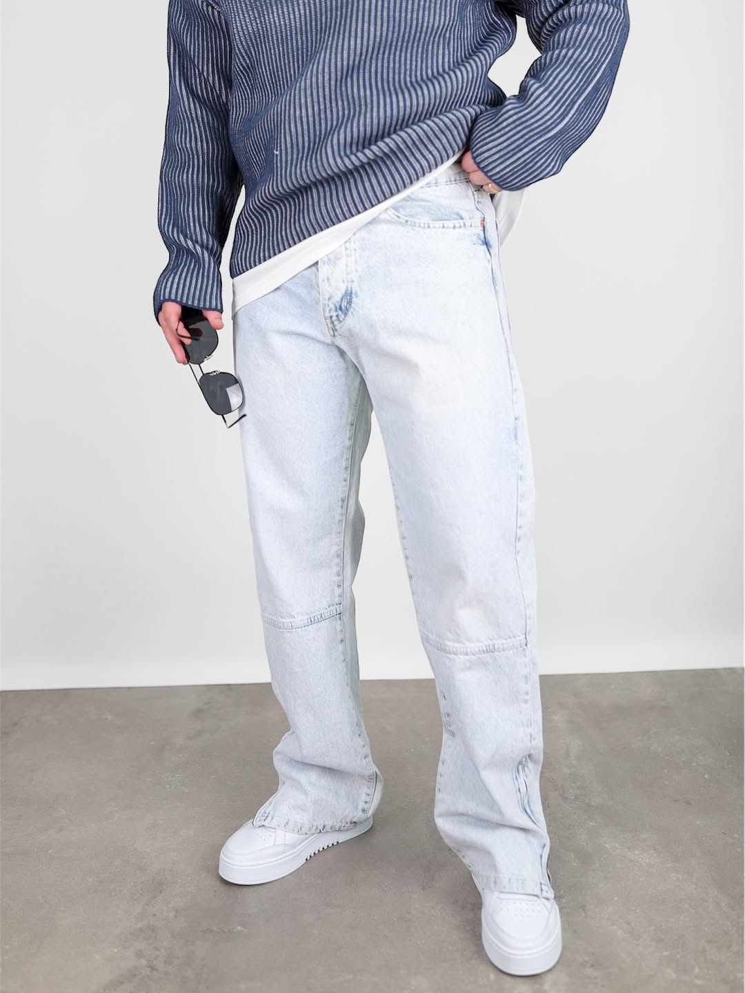 Paça Fermuarlı Baggy Kot Jean - Buz Mavisi