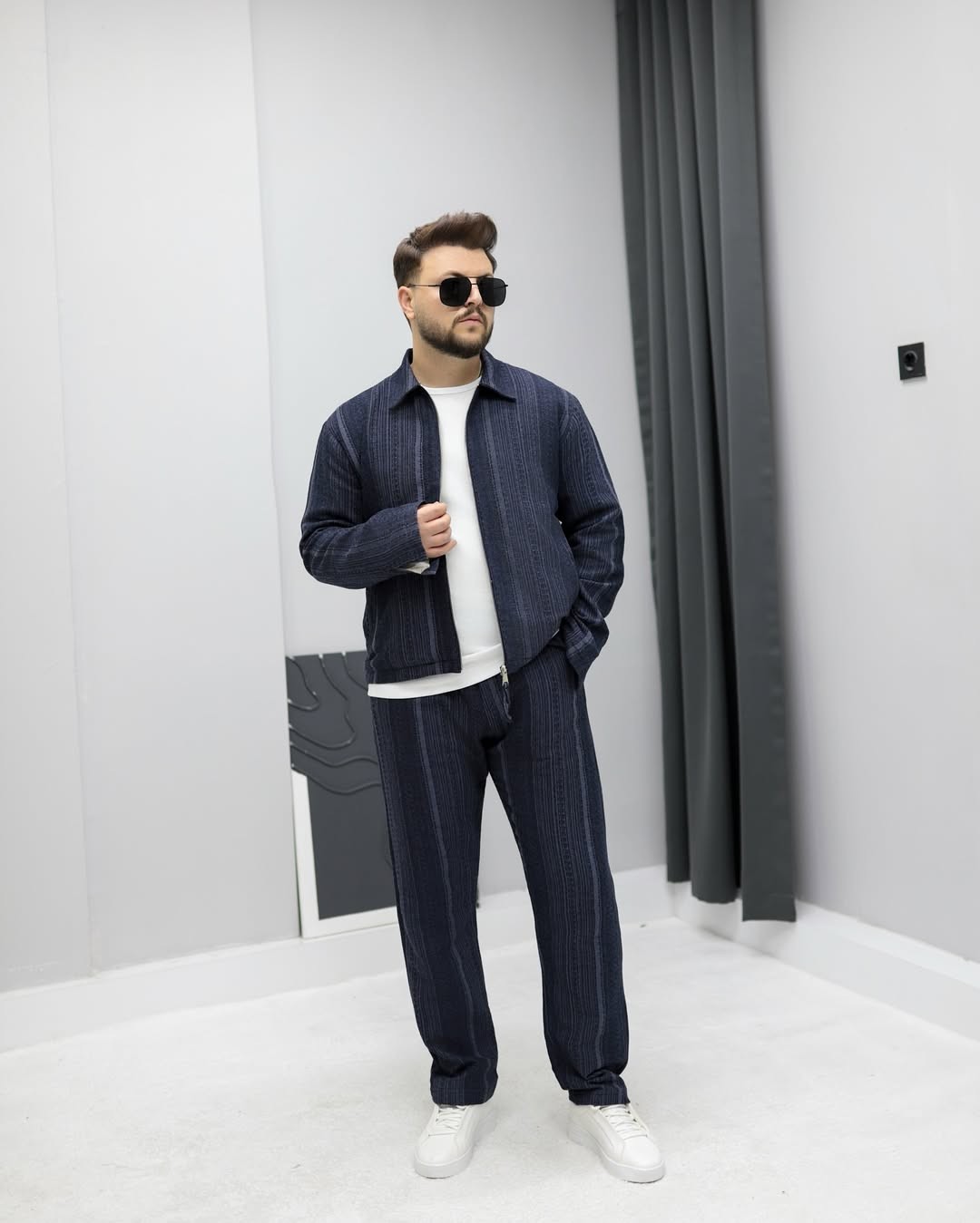 Oversize Kendinden Desenli Takım - Lacivert