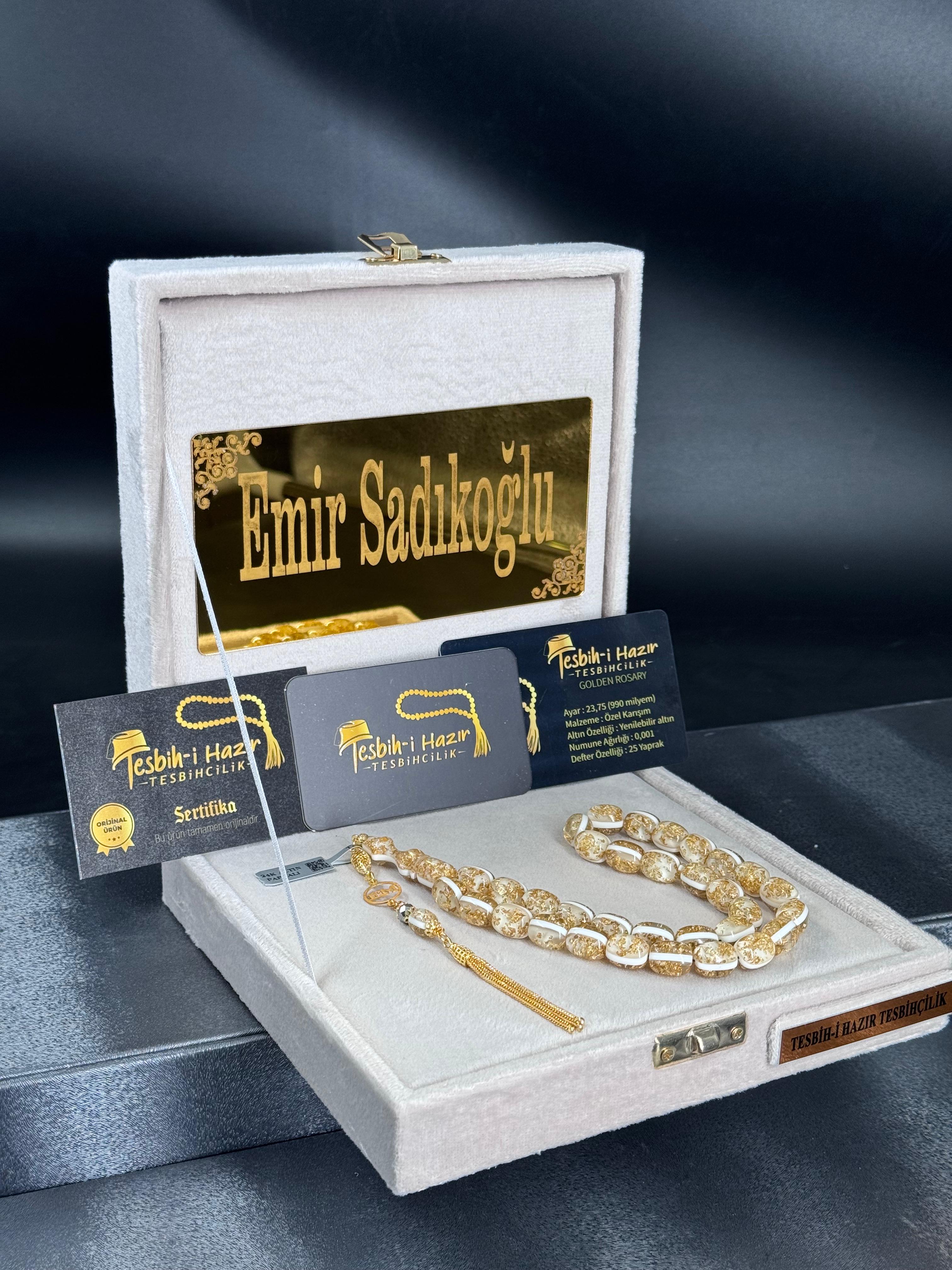 Çift Sertifikalı Orijinal 24 Ayar Altın Parçacıklı 14 Ayar Özel Tasarım Tesbih