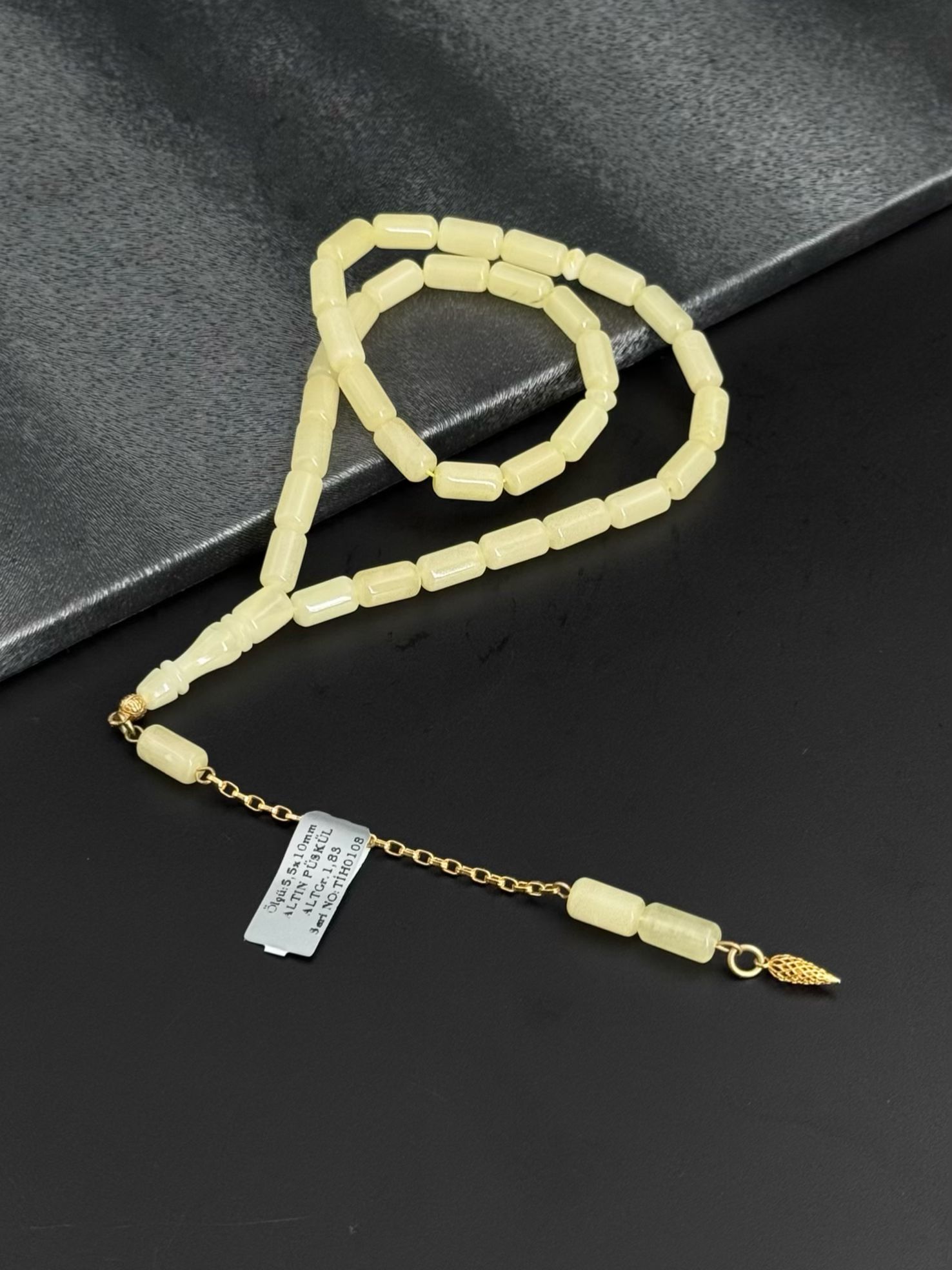 Beyaz Kaliningrad Rus Kaya Damla Kehribar Tesbih 14K Altın Püskül  1.83 Gr 