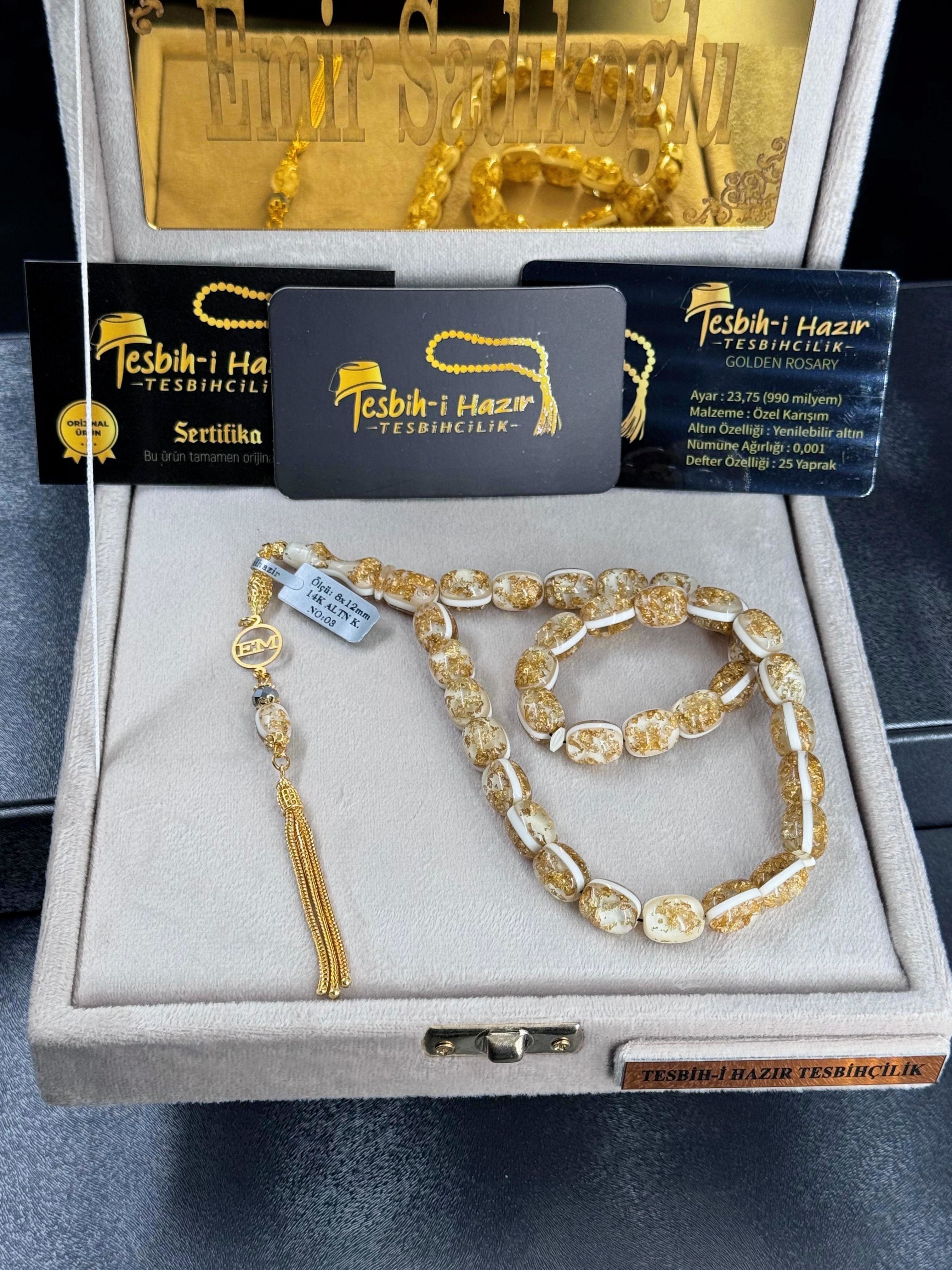 Çift Sertifikalı Orijinal 24 Ayar Altın Parçacıklı 14 Ayar Özel Tasarım Tesbih