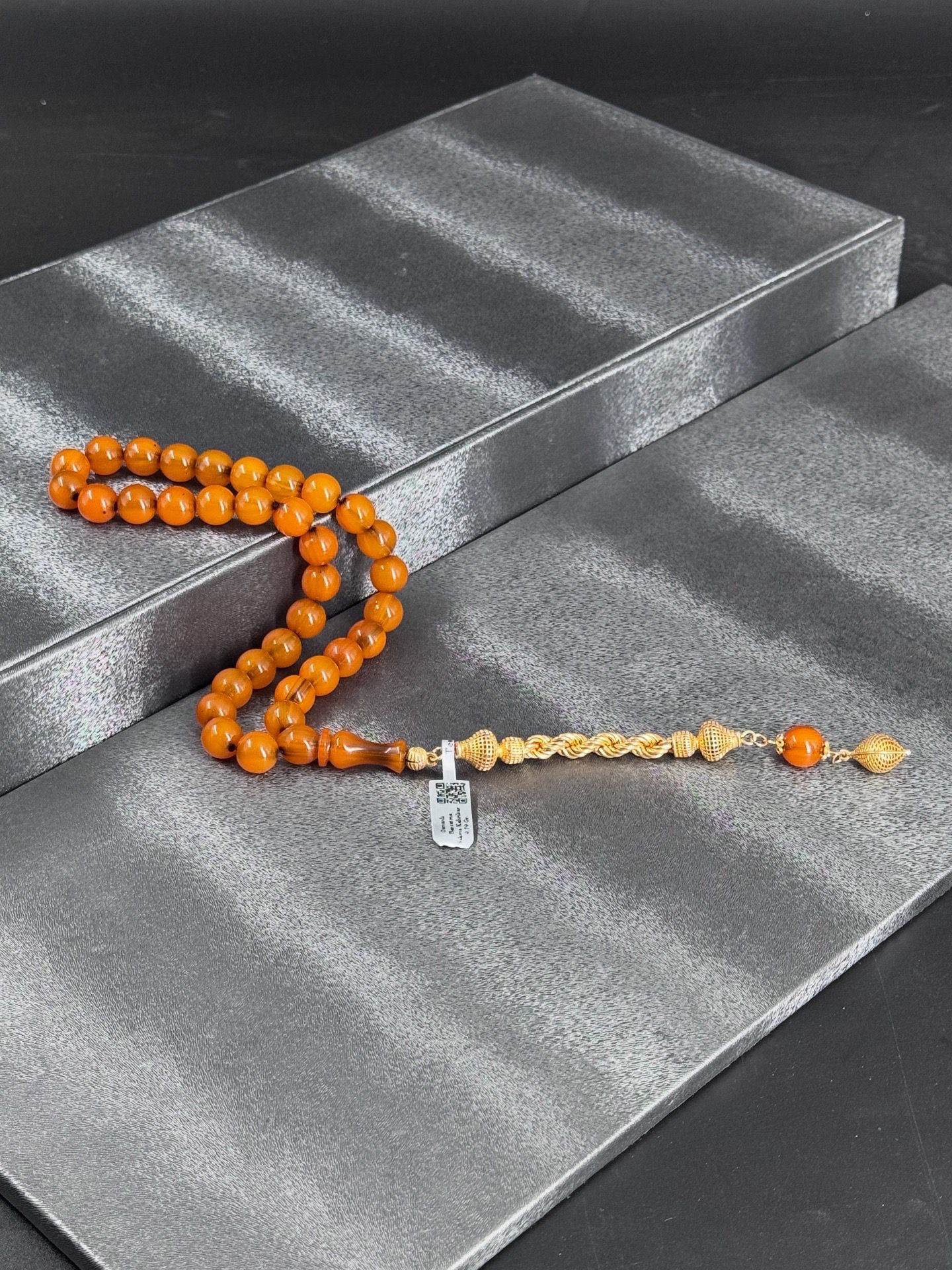 Osmanlı Benzetme Hareli Sıkma Kehribar Tesbih 22K Özel Tasarım Altın Kaplama Püskül 