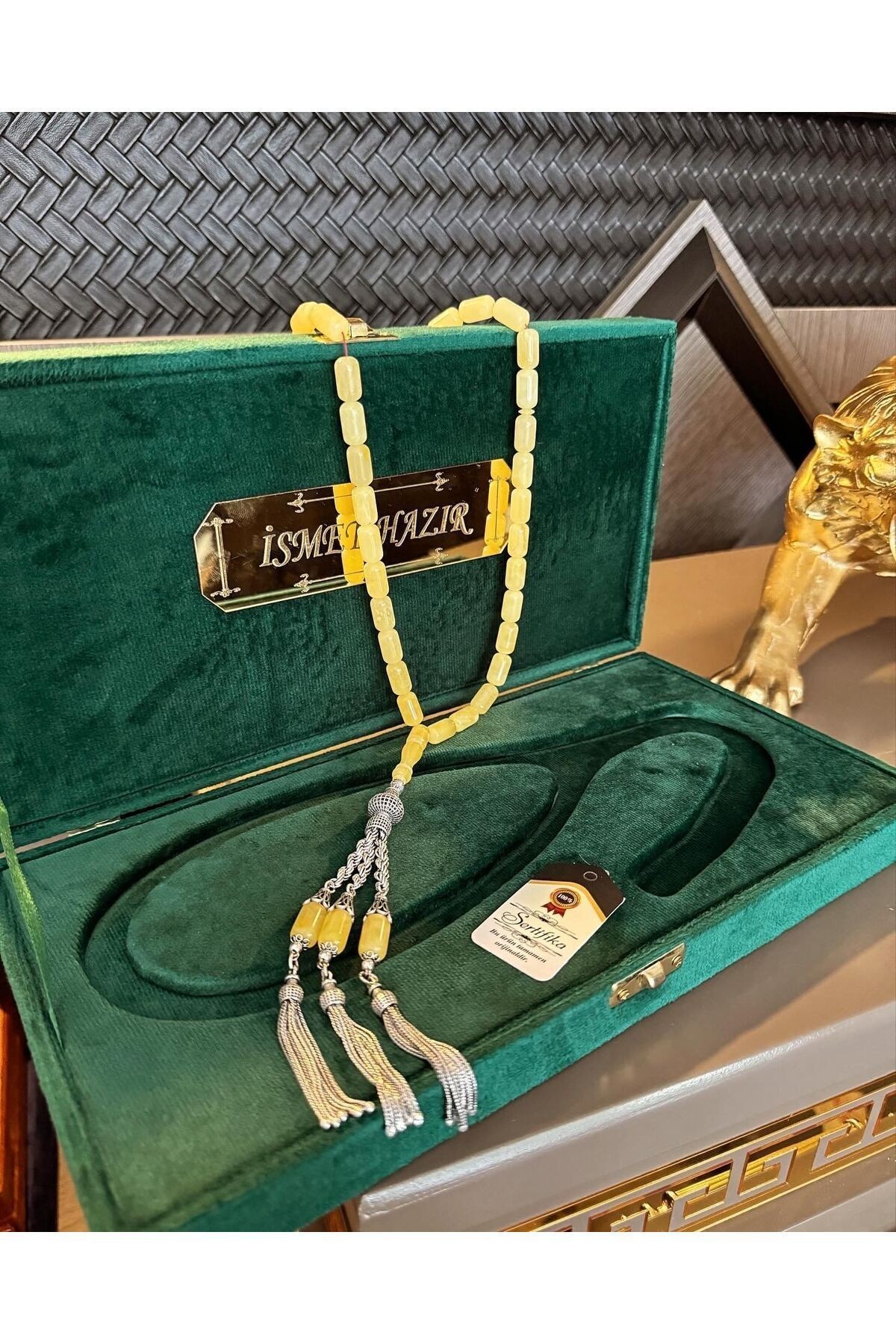 KOLEKSİYONLUK TESBİH CEM BÜLBÜL 44 Gr. TİĞER DAMLA KEHRİBAR TESBİH 999 AYAR AĞIR FİZYON GÜMÜŞ