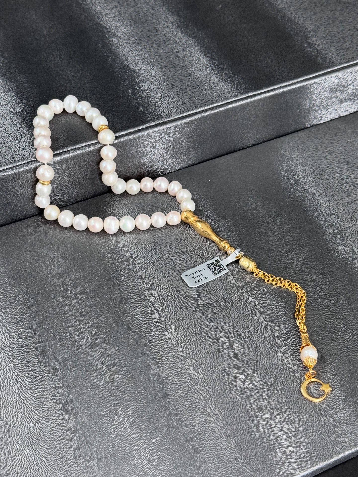 Orjinal İnci Tesbih 22K Altın Kaplama Ayyıldızlı Püskül Tasarımlı