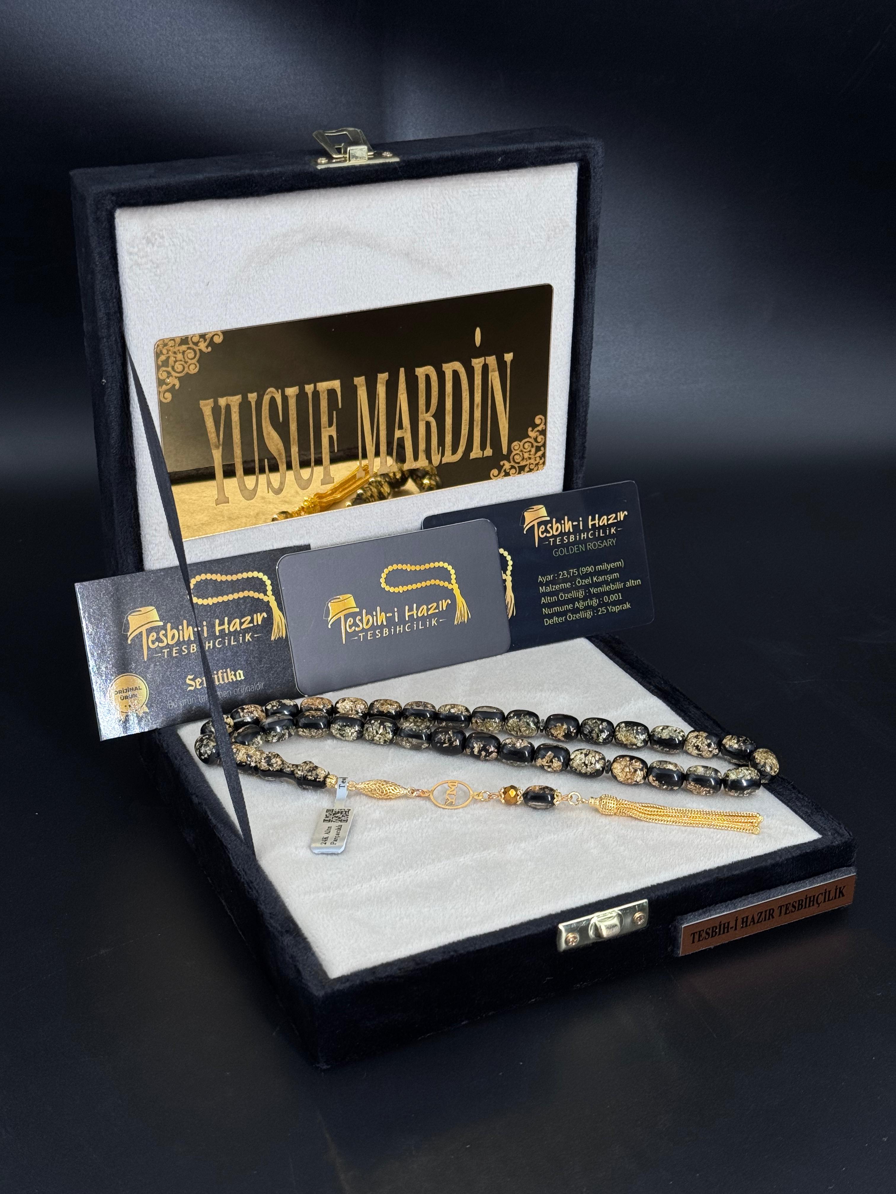 24 Ayar Altın Parçacıklı Sertifikalı Tesbih 14 Ayar  Altın Kaplama Özel Tasarım Tesbih