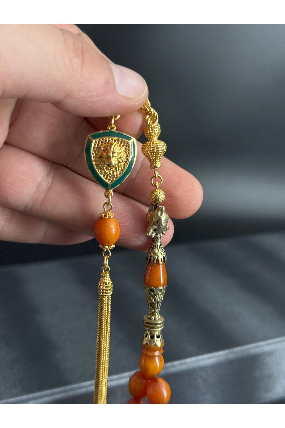 BRONZ KURT Nakkaş İmameli Özel Üretim Sıkma Kehribar Tesbih Kurt Başlıklı Özel Tasarım Püskül İle