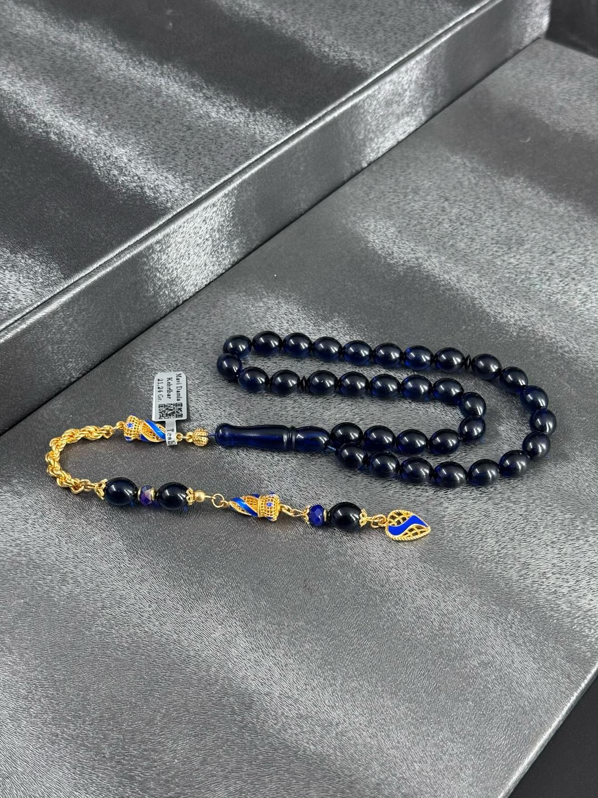 Koleksiyonluk Rus Mavi Kaya Damla Kehribar Tesbih 22K Altın Kaplama Özel Tasarım Püskül İle 