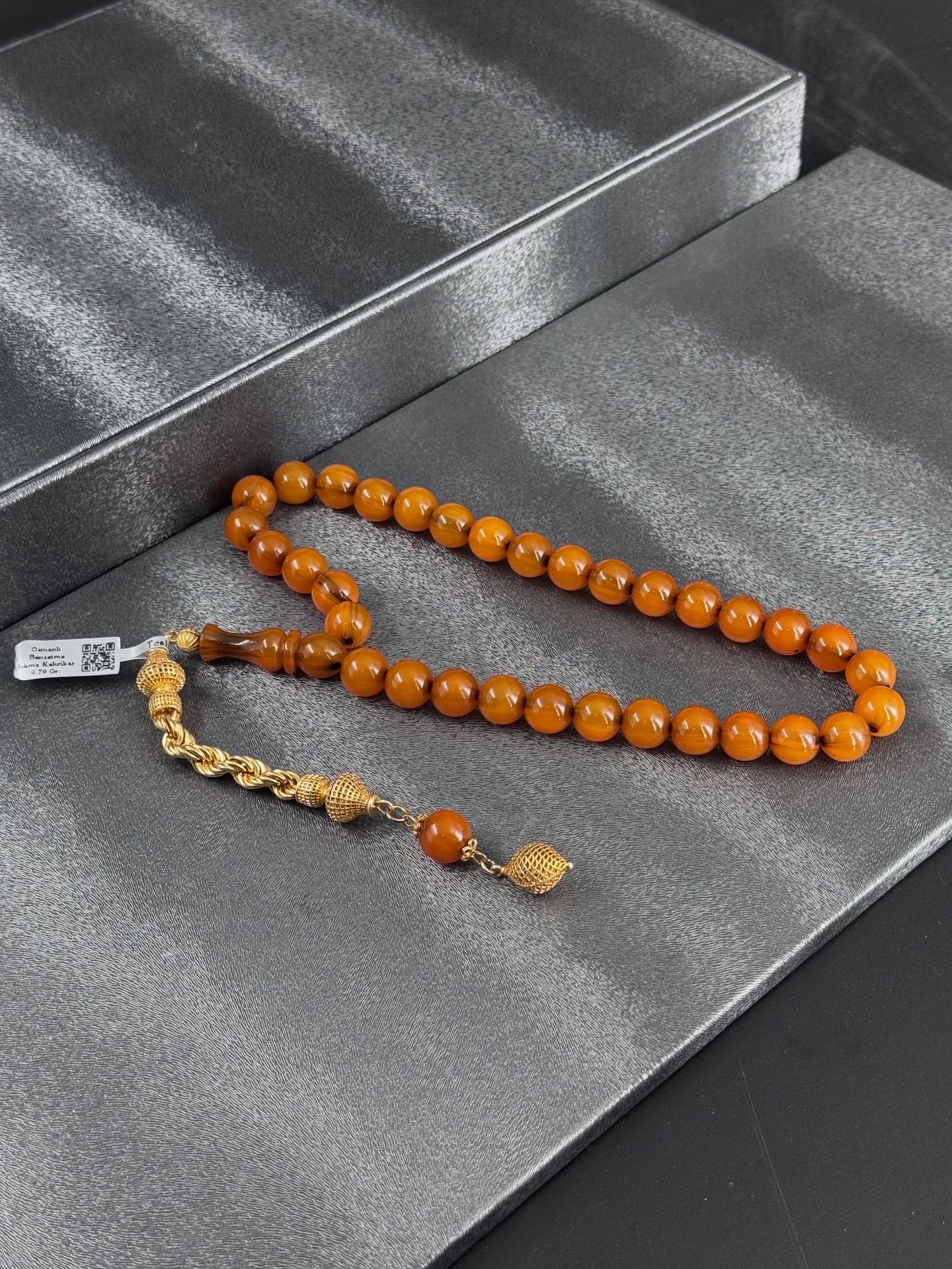 Osmanlı Benzetme Hareli Sıkma Kehribar Tesbih 22K Özel Tasarım Altın Kaplama Püskül 