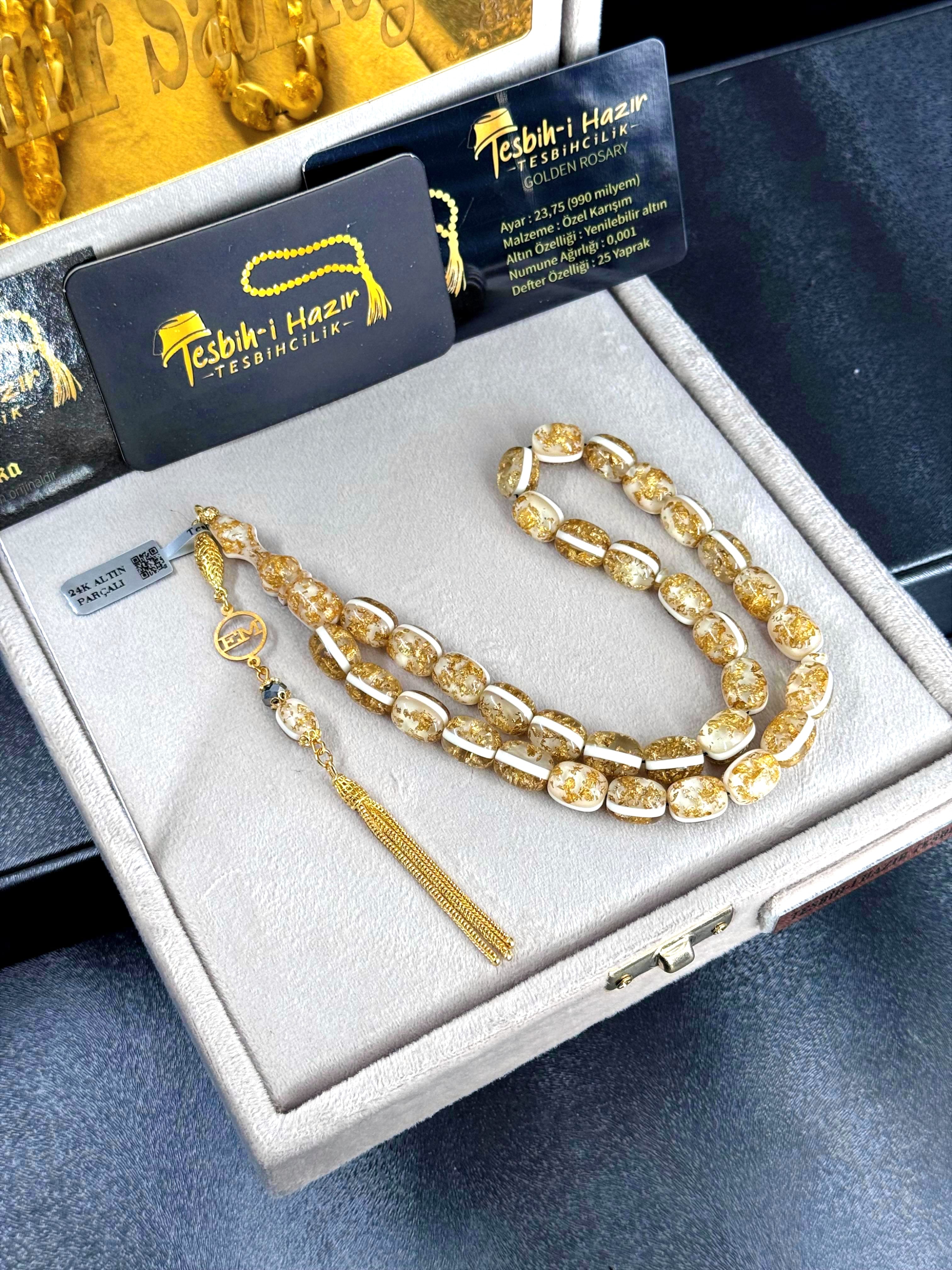 Çift Sertifikalı Orijinal 24 Ayar Altın Parçacıklı 14 Ayar Özel Tasarım Tesbih