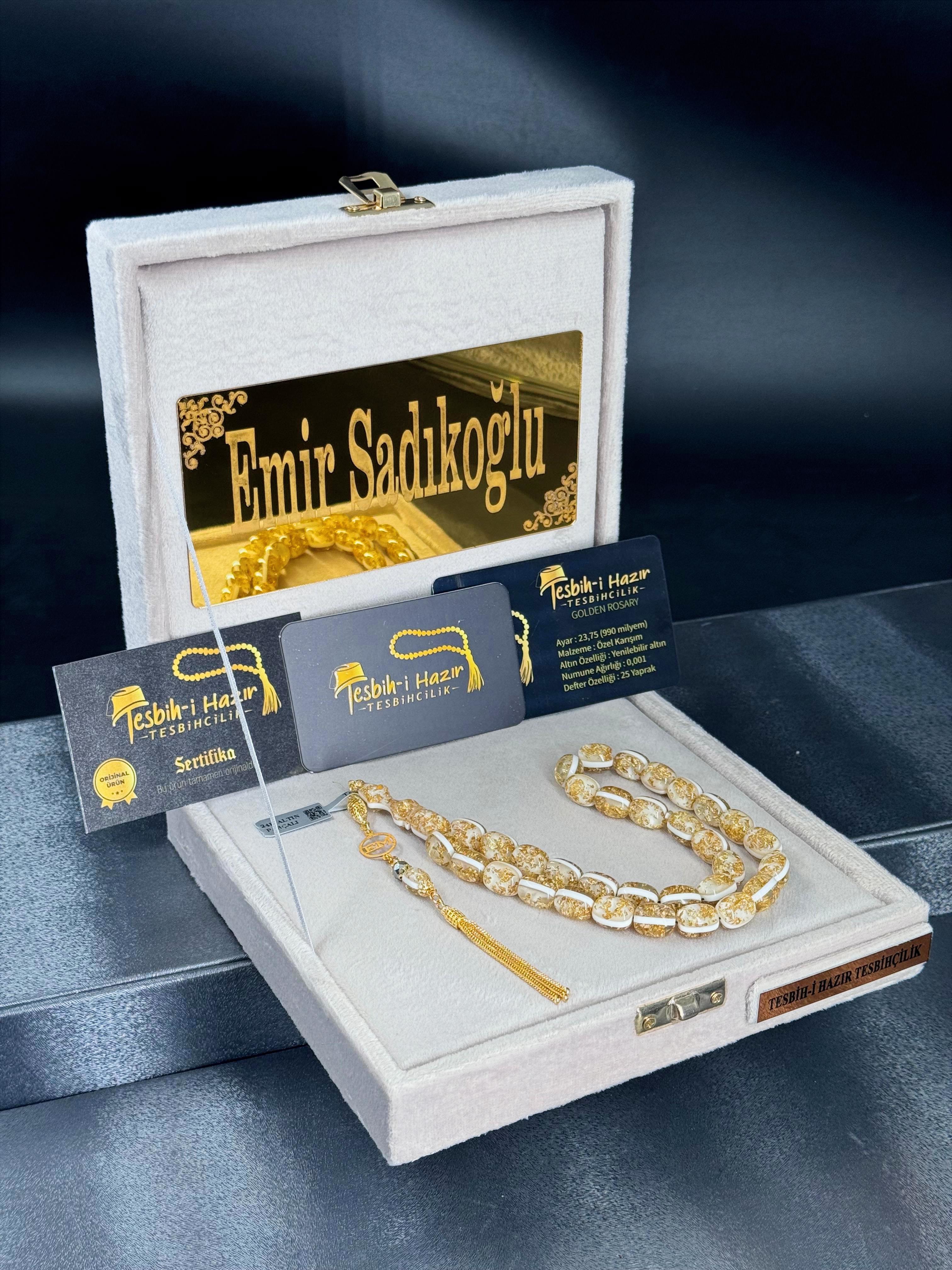 Çift Sertifikalı Orijinal 24 Ayar Altın Parçacıklı 14 Ayar Özel Tasarım Tesbih