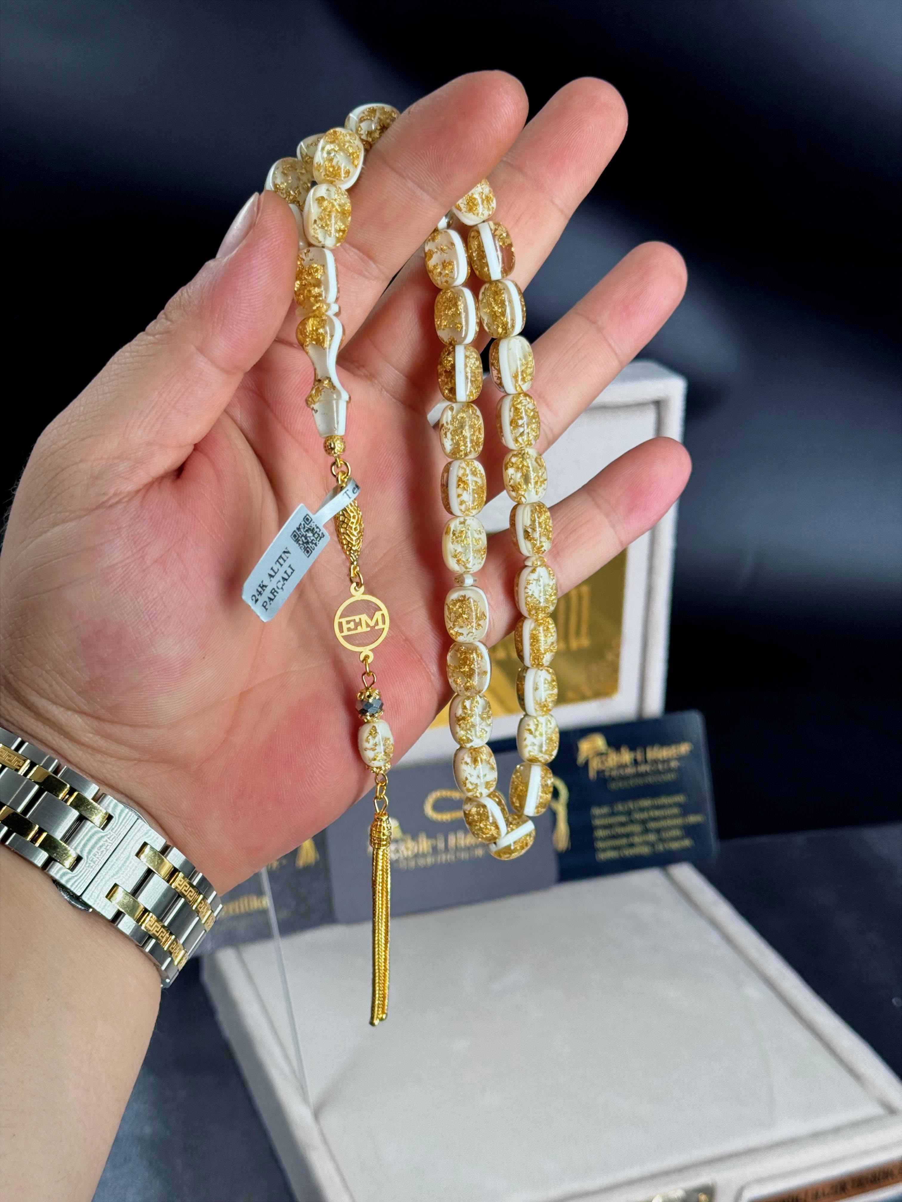 Çift Sertifikalı Orijinal 24 Ayar Altın Parçacıklı 14 Ayar Özel Tasarım Tesbih