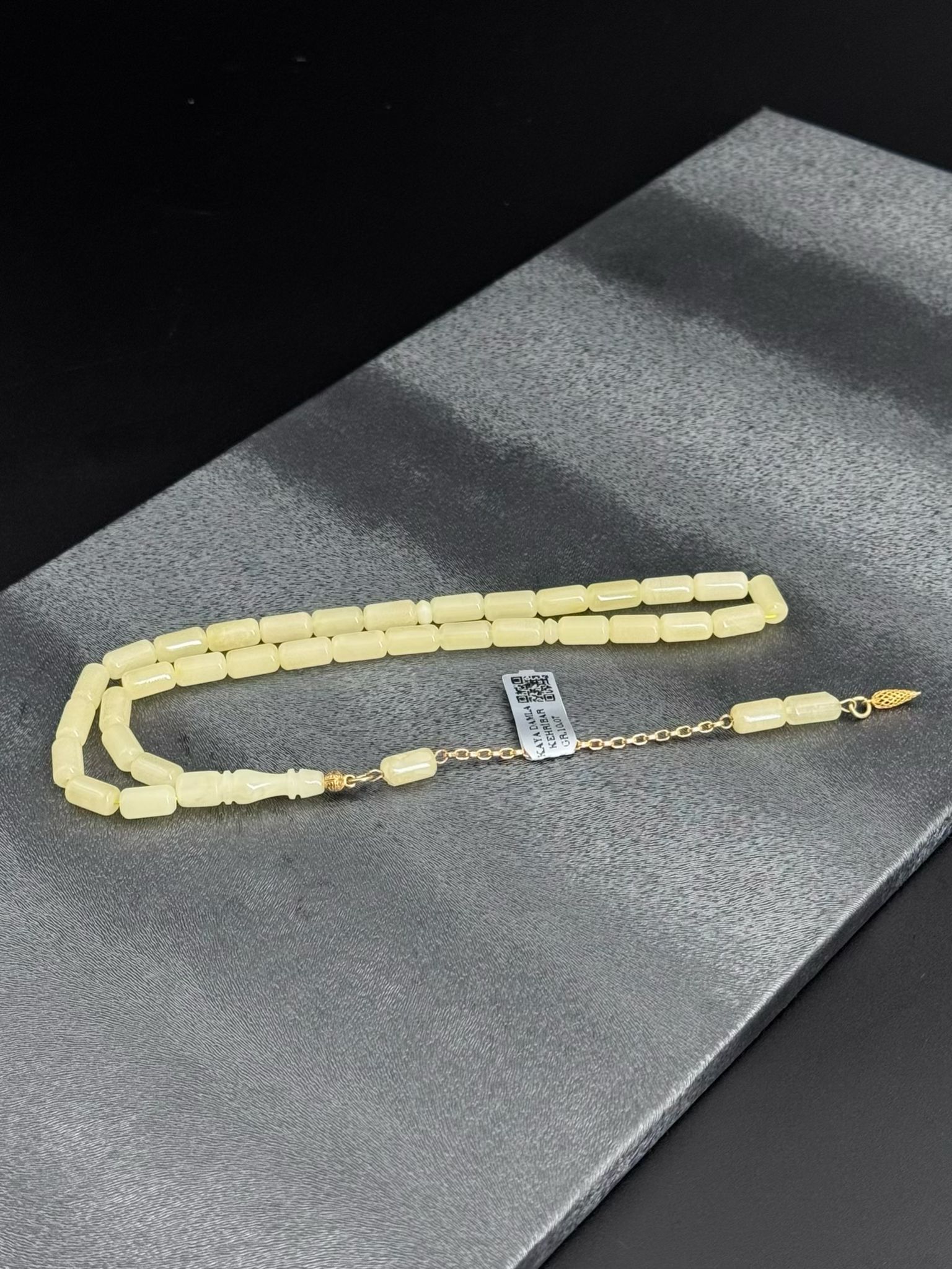 Beyaz Kaliningrad Rus Kaya Damla Kehribar Tesbih 14K Altın Püskül  1.83 Gr 