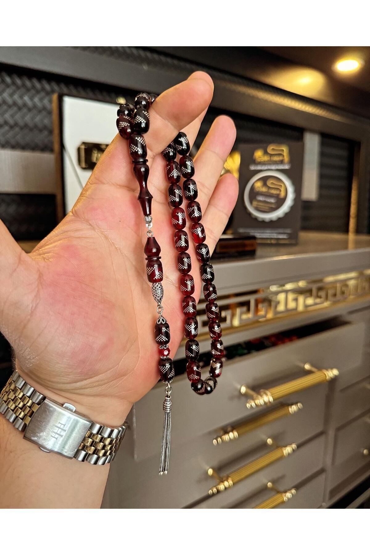 TEK ÜRETİM TESBİH GÜMÜŞ İŞLEME ATEŞ KEHRİBAR TESBİH 925 ayar özel tasarım püskül