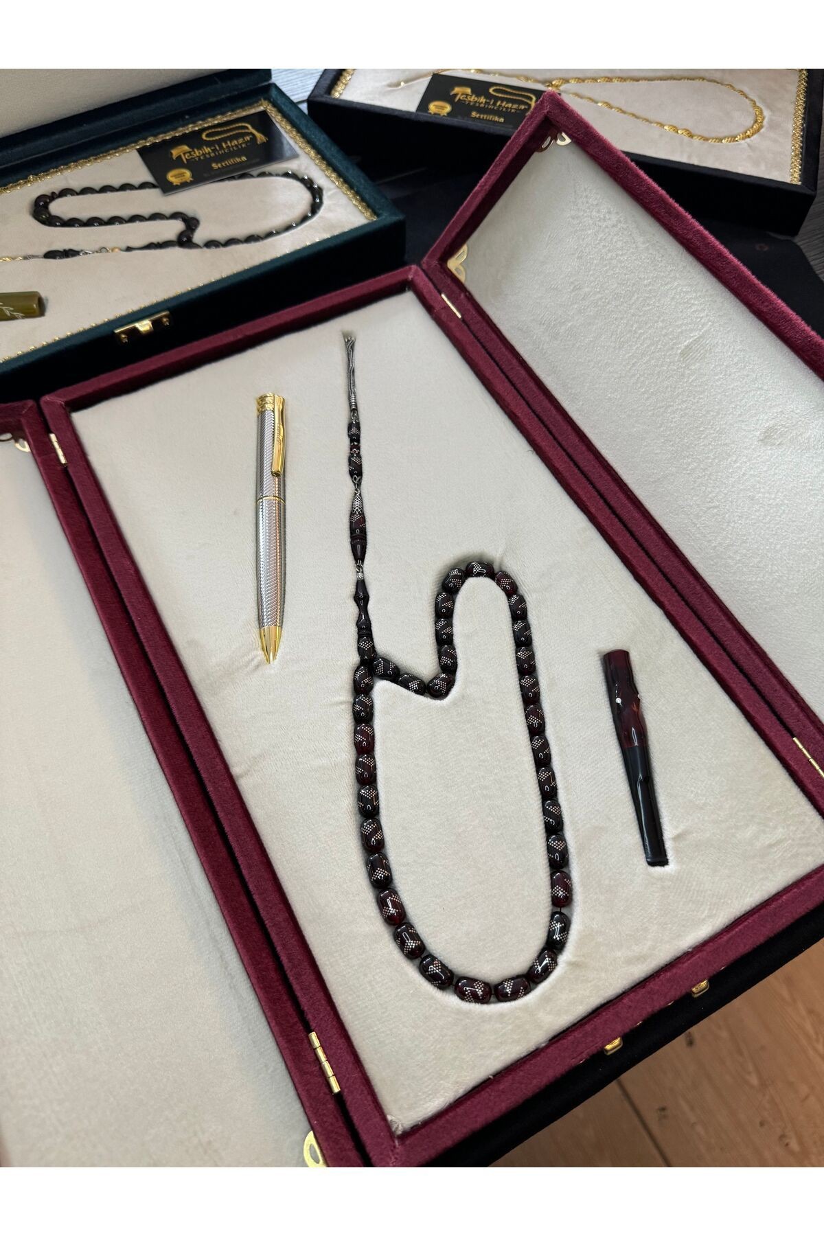 VİP ÖZEL SET TESBİH MODEL 925 AYAR GÜMÜŞ PÜSKÜL ÇAKIMLI ATEŞ KEHRİBAR TESBİH