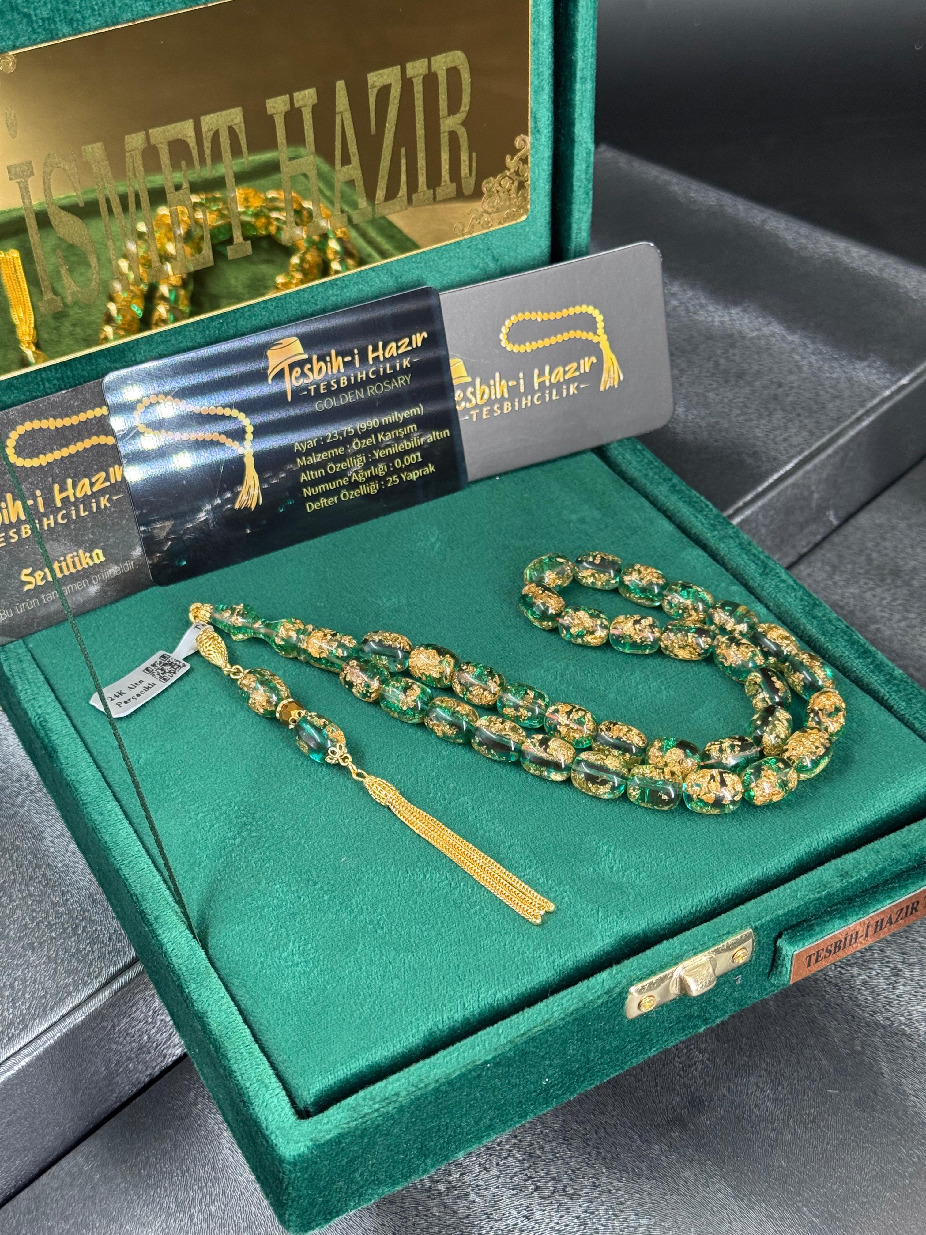 NADİR YENİ RENK Çift Sertifikalı Orijinal 24 Ayar Altın Parçacıklı Tesbih  14 Ayar Altın Kaplama