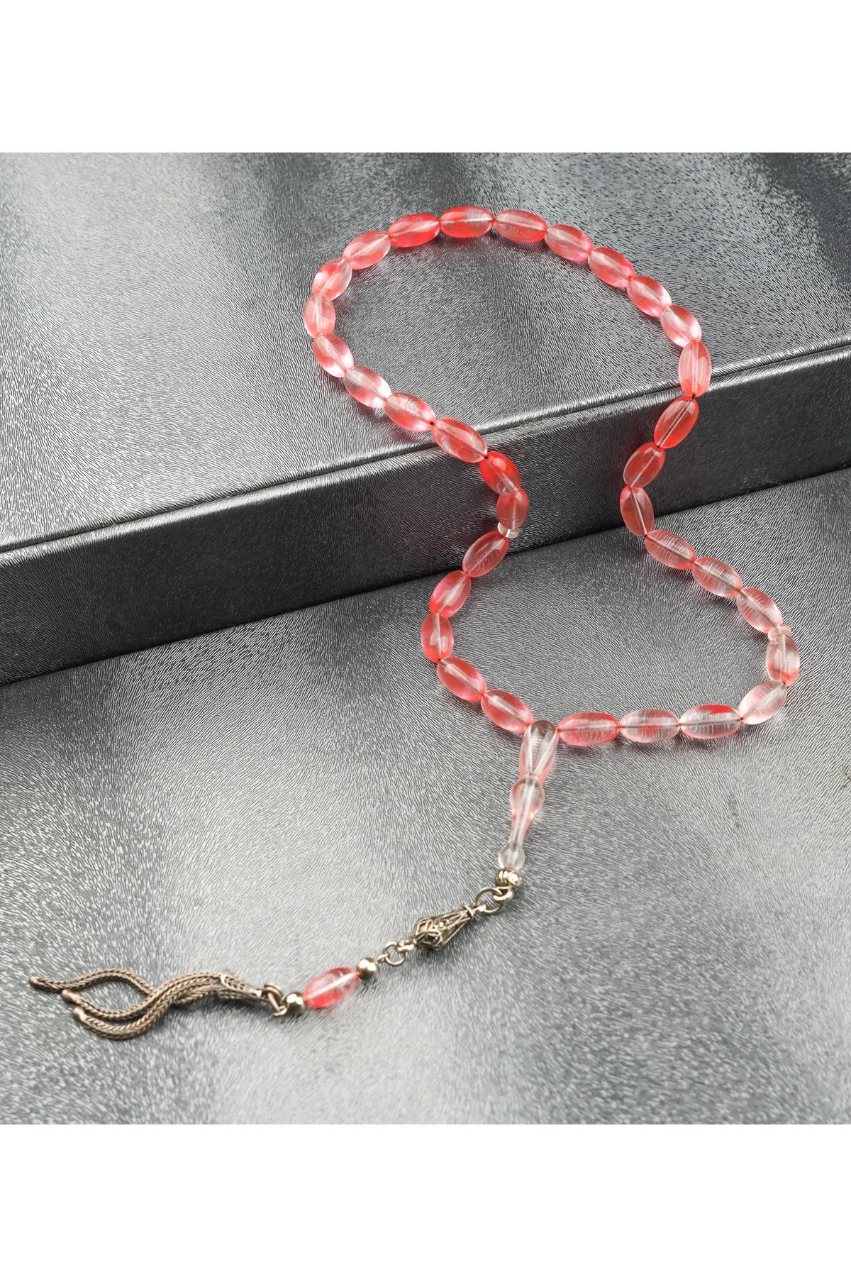 Toz Pembe Uçak Camı Tesbih 925 ayar gümüş püskül