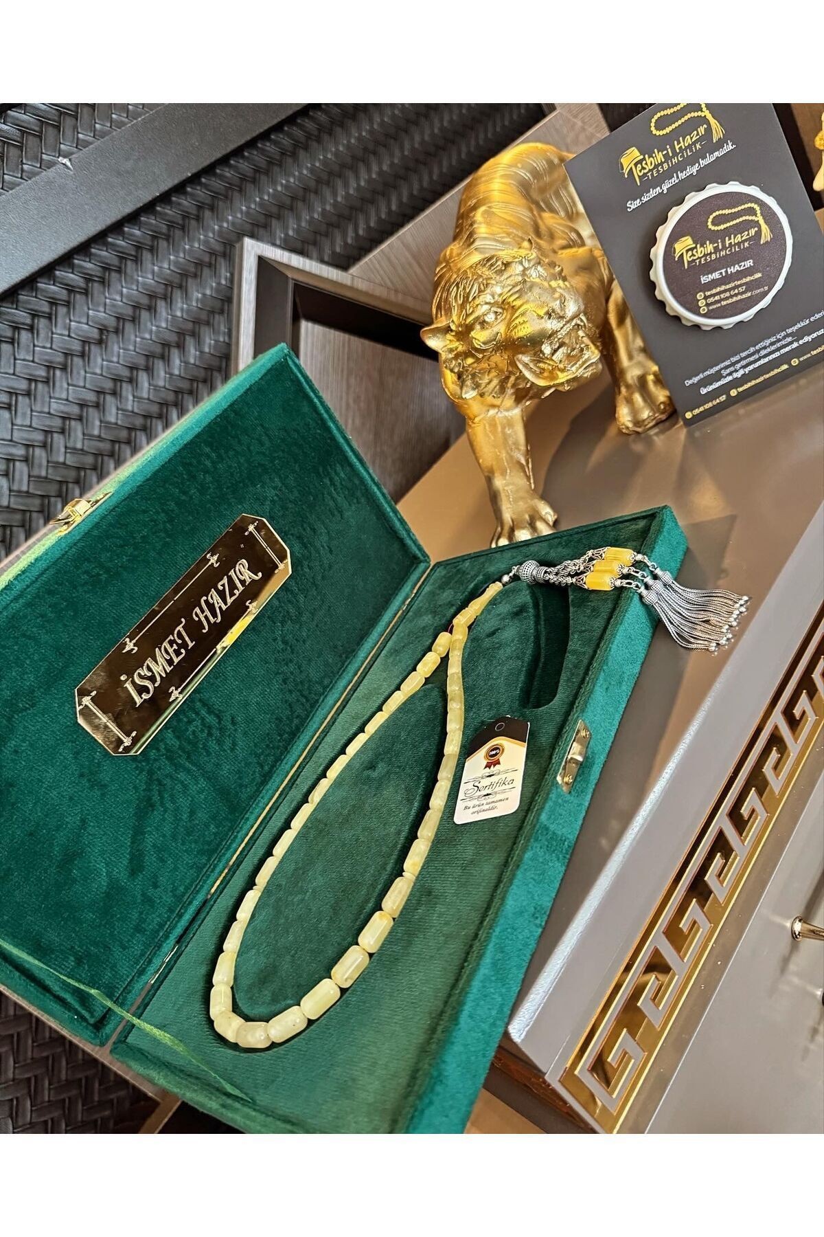 KOLEKSİYONLUK TESBİH CEM BÜLBÜL 44 Gr. TİĞER DAMLA KEHRİBAR TESBİH 999 AYAR AĞIR FİZYON GÜMÜŞ