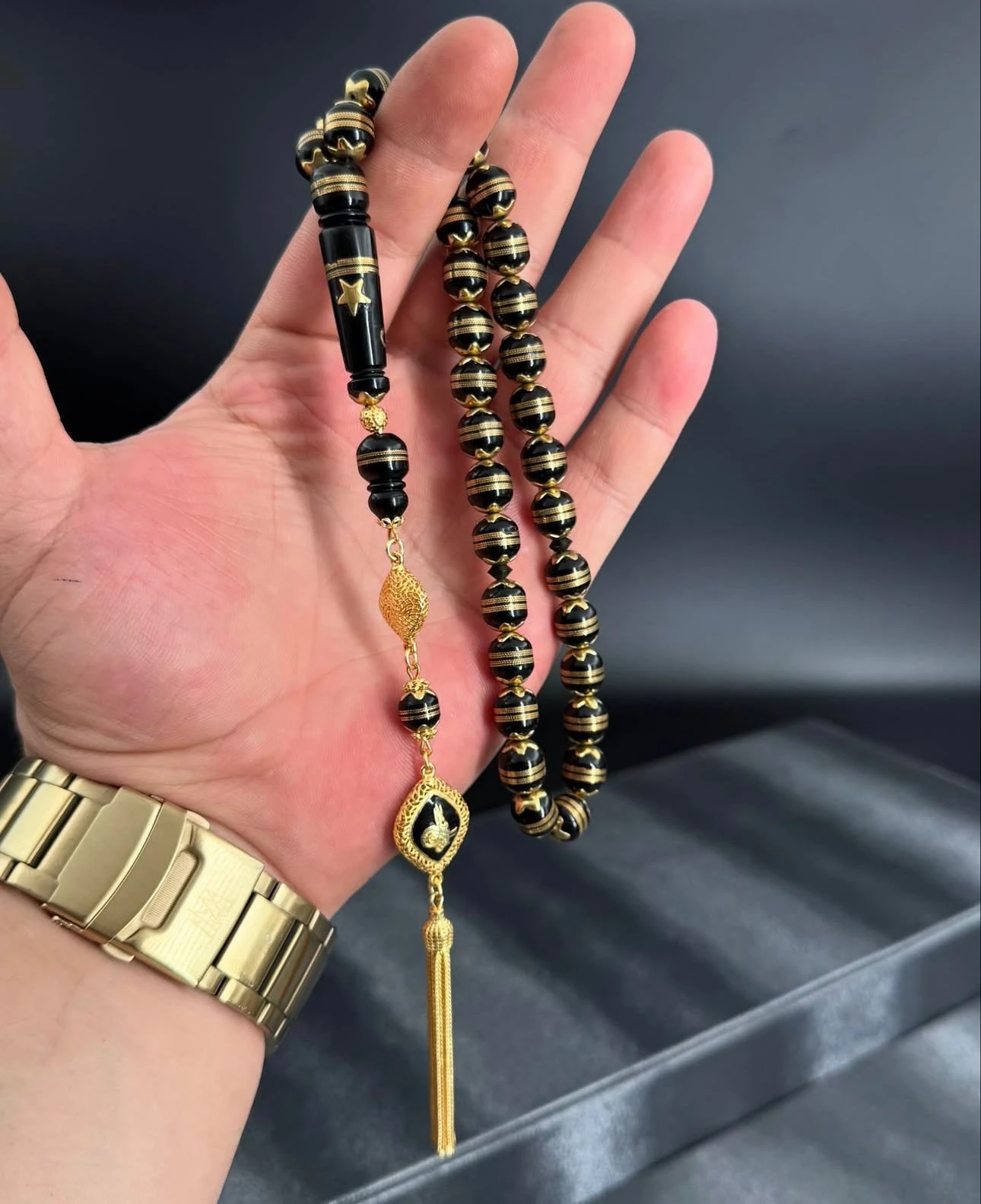 Erzurum Oltu taşı tesbih 14k altın kaplama özel tasarım püsküllü