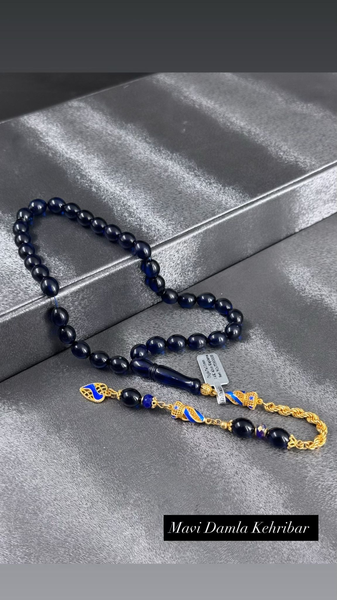 Koleksiyonluk Rus Mavi Kaya Damla Kehribar Tesbih 22K Altın Kaplama Özel Tasarım Püskül İle 