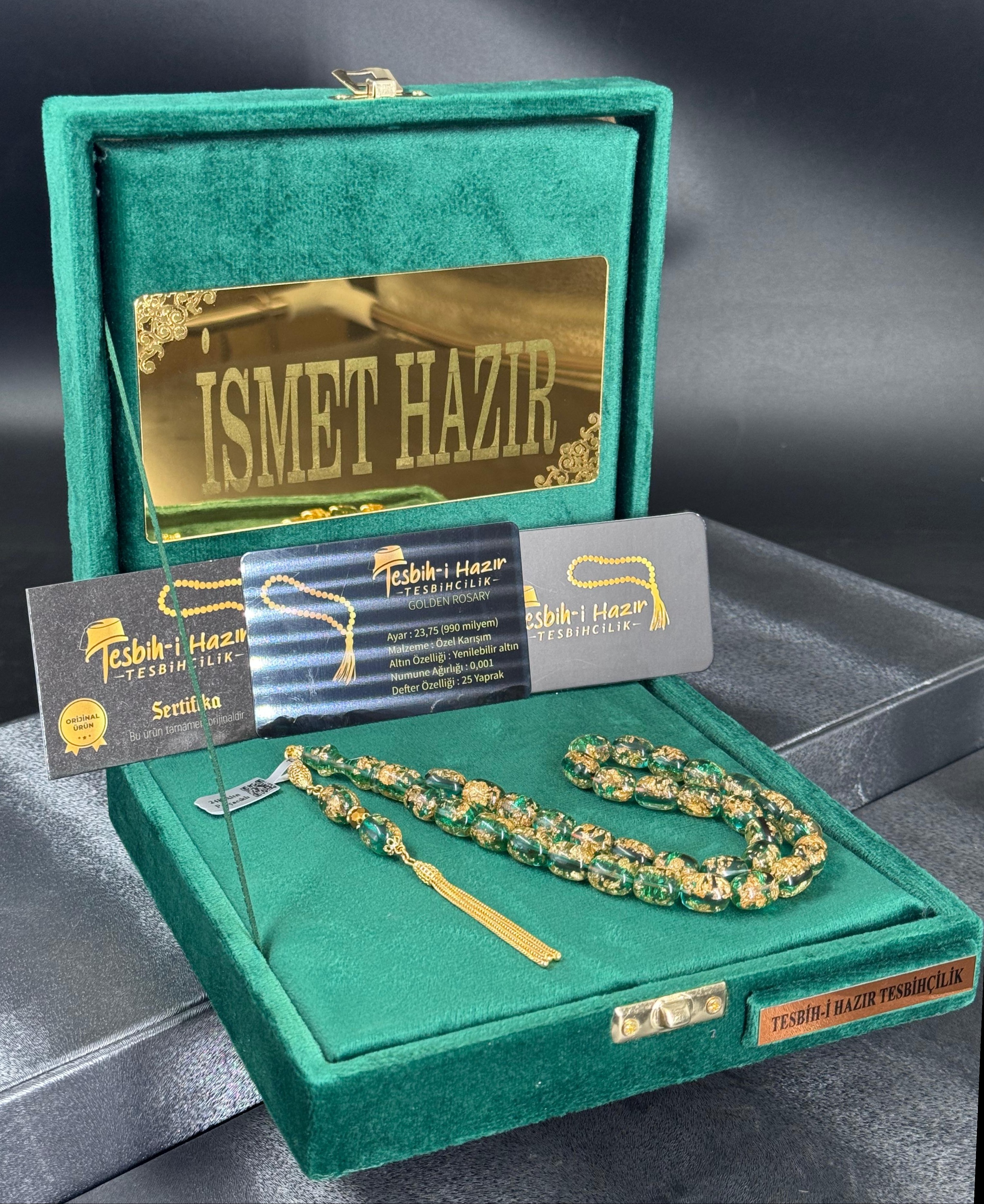 NADİR YENİ RENK Çift Sertifikalı Orijinal 24 Ayar Altın Parçacıklı Tesbih  14 Ayar Altın Kaplama