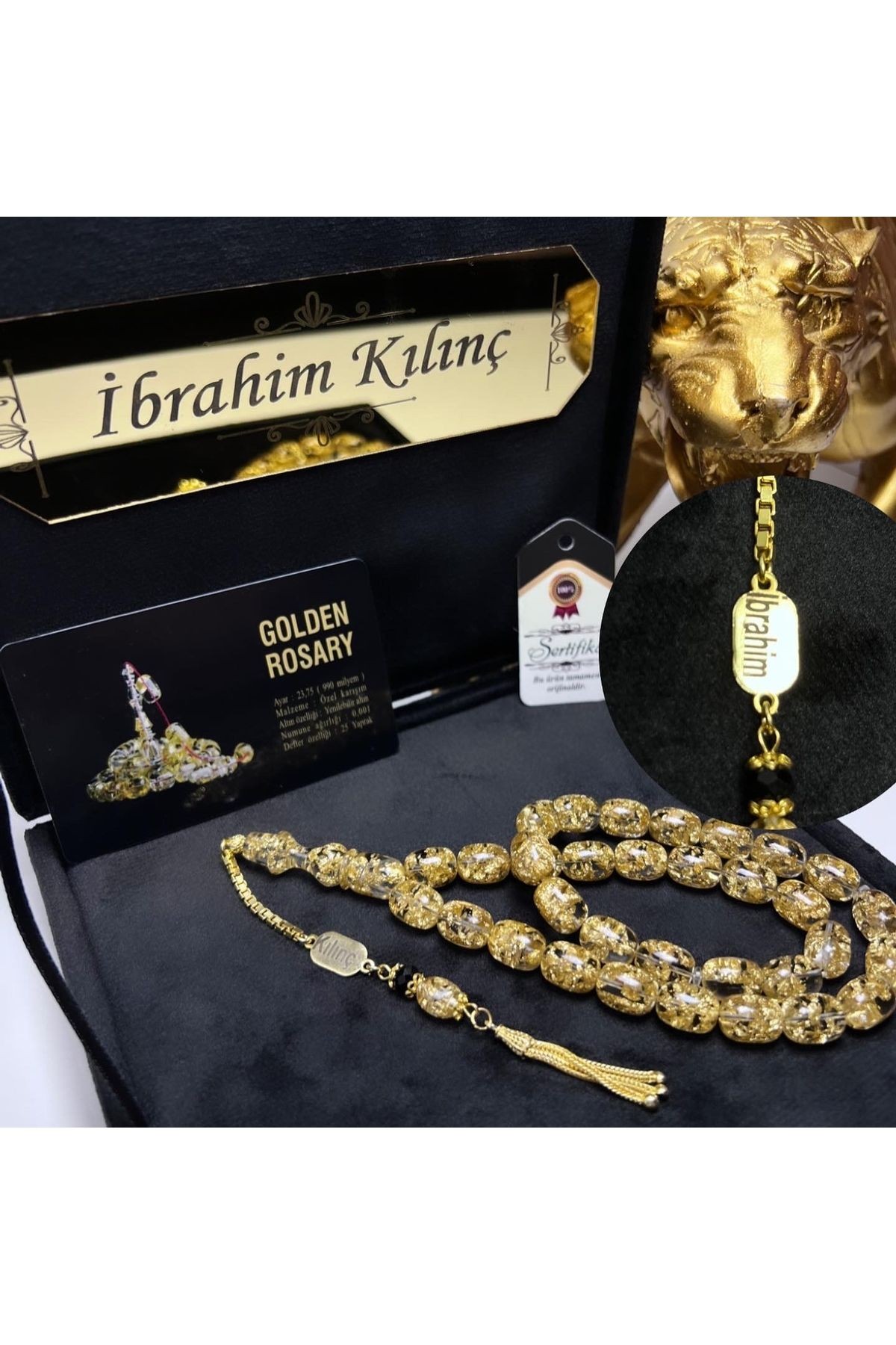 Kişiye Özel İsimli ve Çift Sertifikalı Orijinal 24 Ayar Altın Parçacıklı Özel Tasarım Tesbih