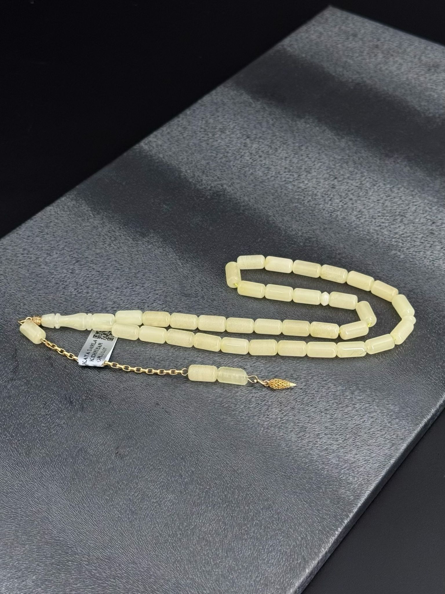 Beyaz Kaliningrad Rus Kaya Damla Kehribar Tesbih 14K Altın Püskül  1.83 Gr 