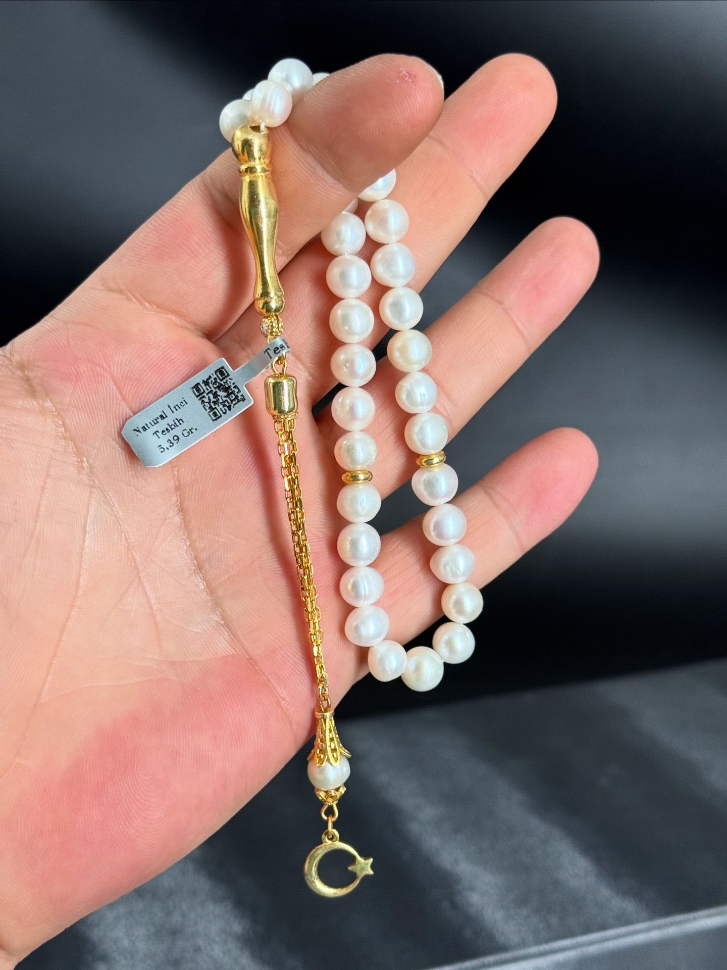 Orjinal İnci Tesbih 22K Altın Kaplama Ayyıldızlı Püskül Tasarımlı