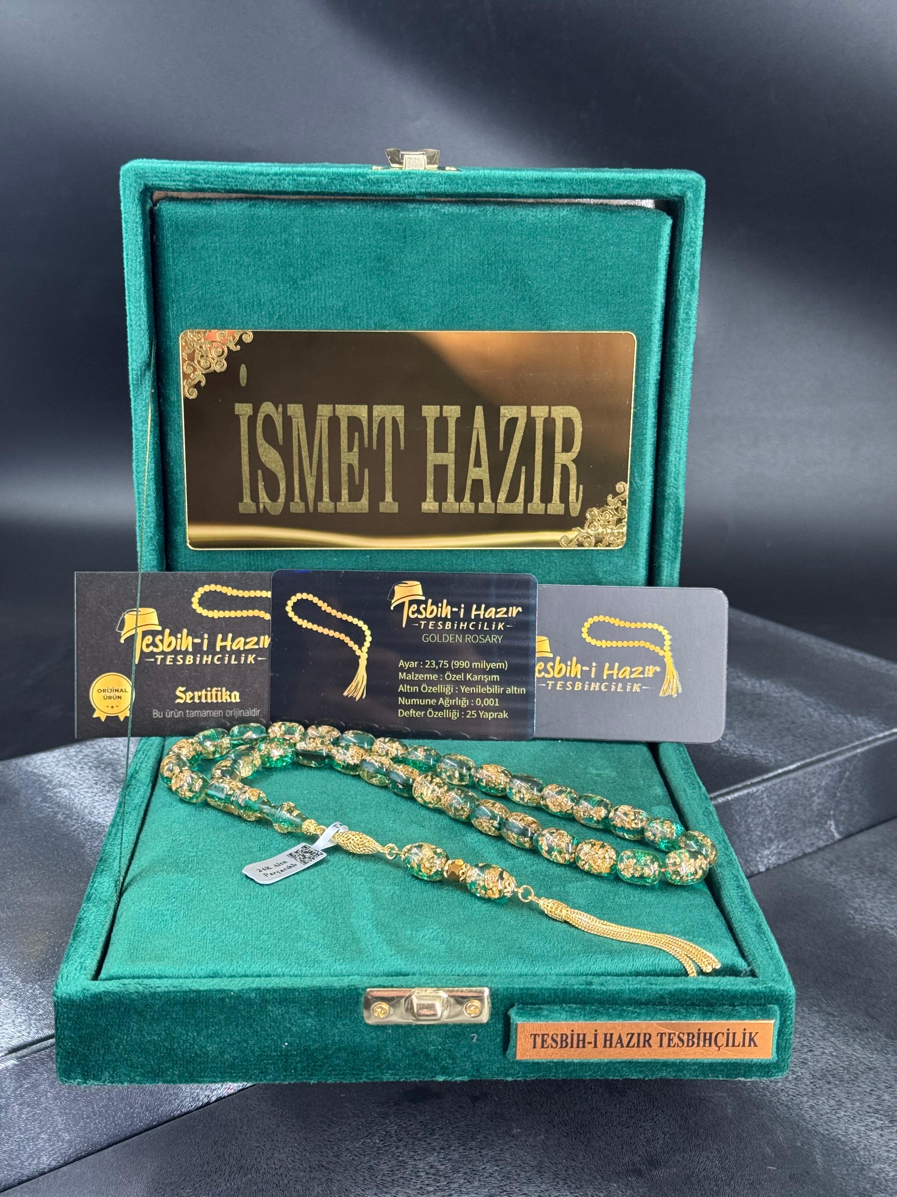 NADİR YENİ RENK Çift Sertifikalı Orijinal 24 Ayar Altın Parçacıklı Tesbih  14 Ayar Altın Kaplama