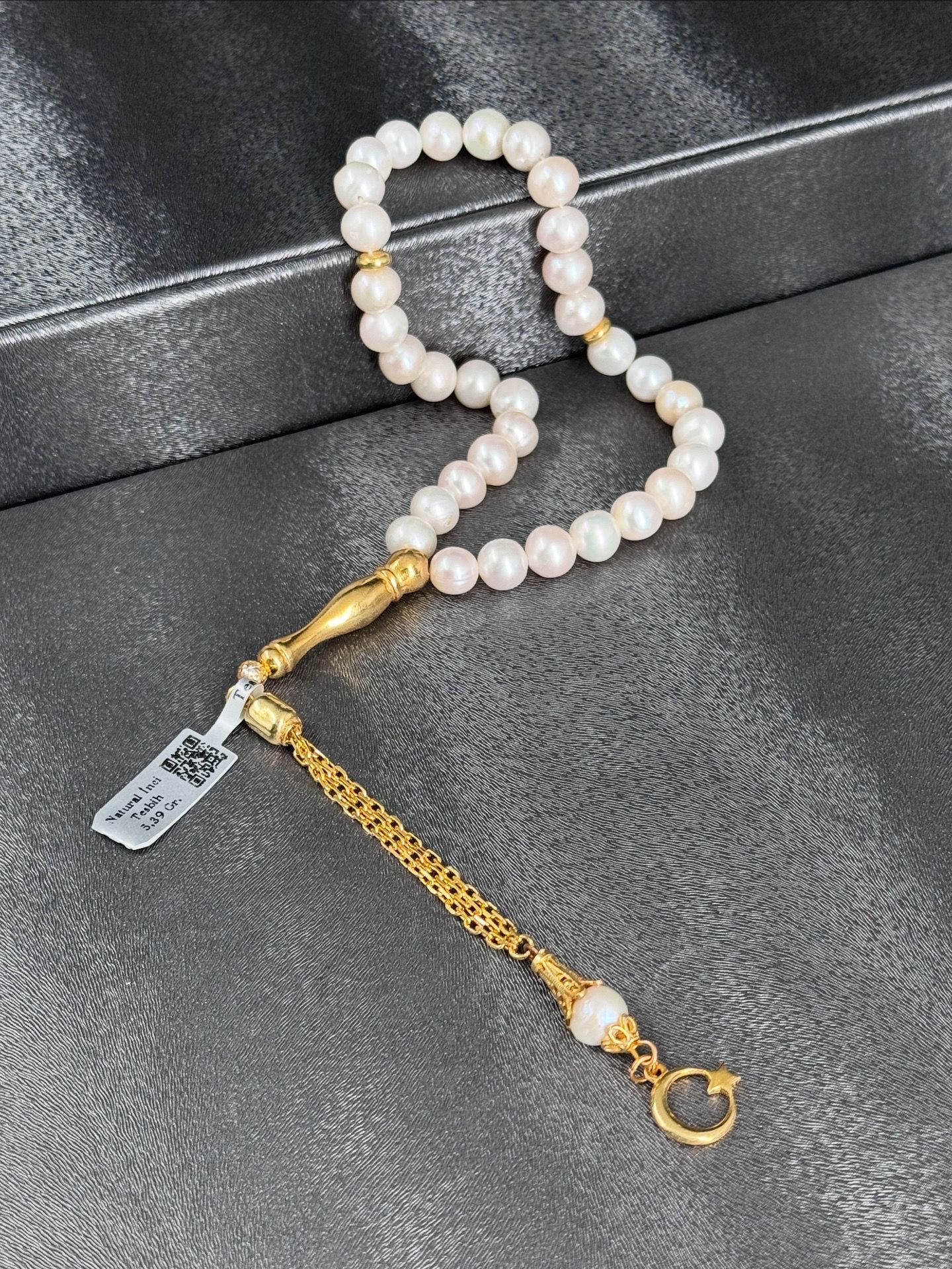 Orjinal İnci Tesbih 22K Altın Kaplama Ayyıldızlı Püskül Tasarımlı