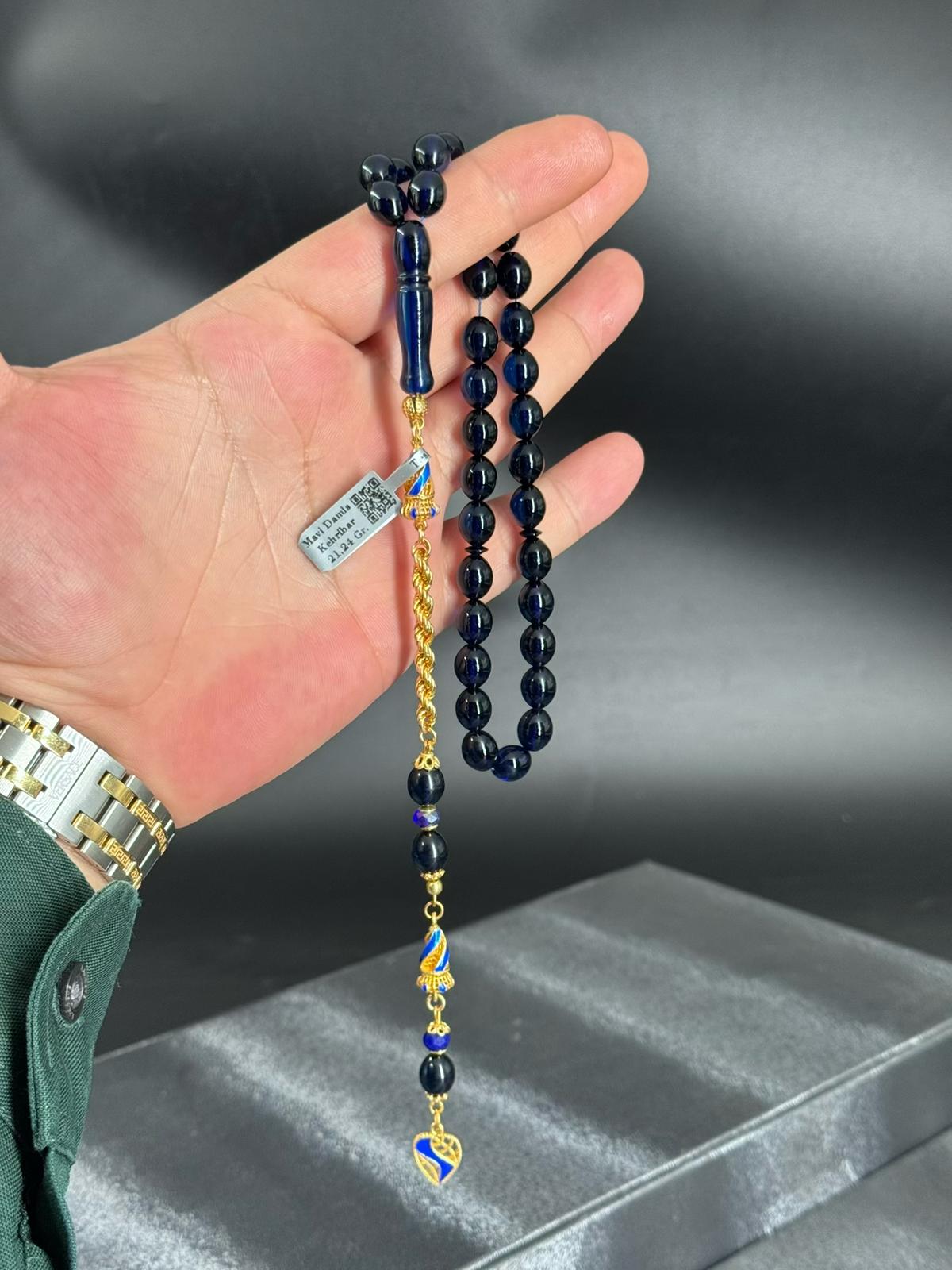 Koleksiyonluk Rus Mavi Kaya Damla Kehribar Tesbih 22K Altın Kaplama Özel Tasarım Püskül İle 