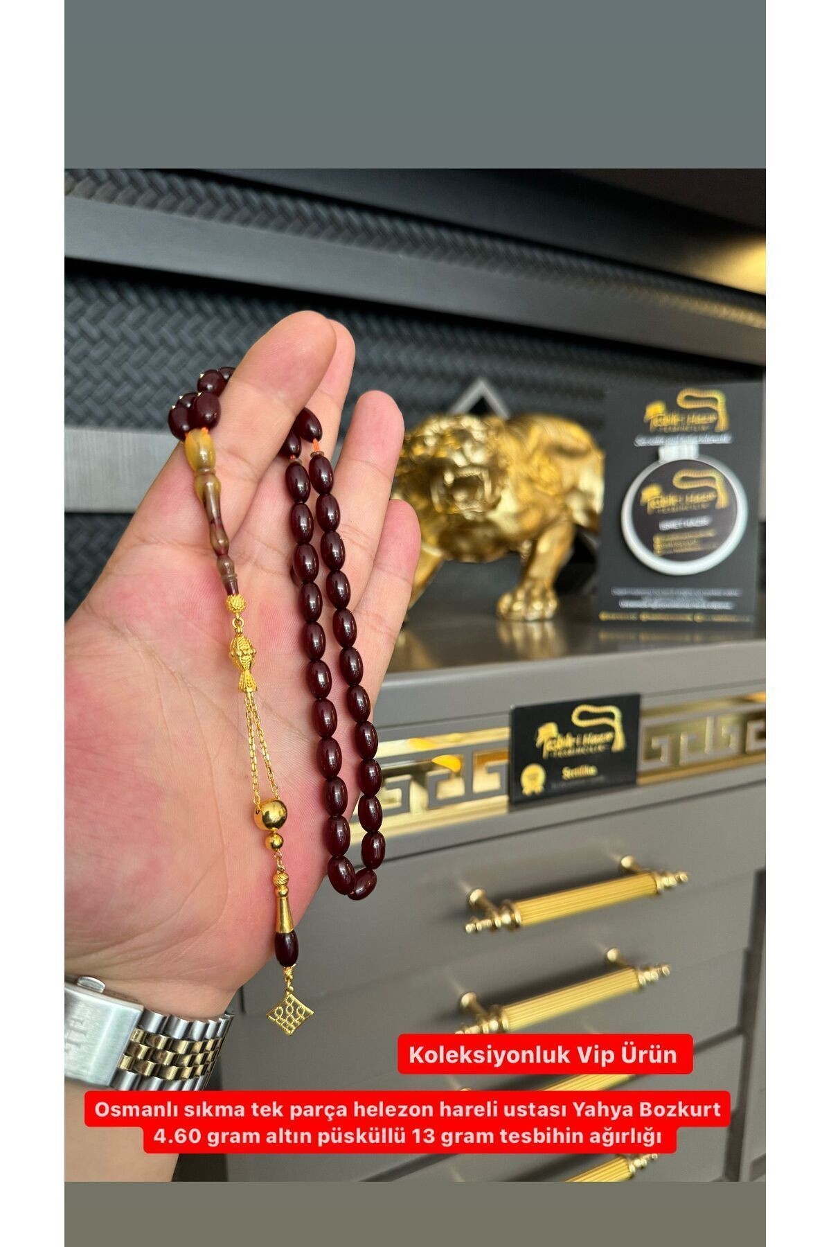 Eski Osmanlı Tek Parça 13Gr 4.60 Gr Altın Püskül Tesbih Antique Faturan Amber Beads