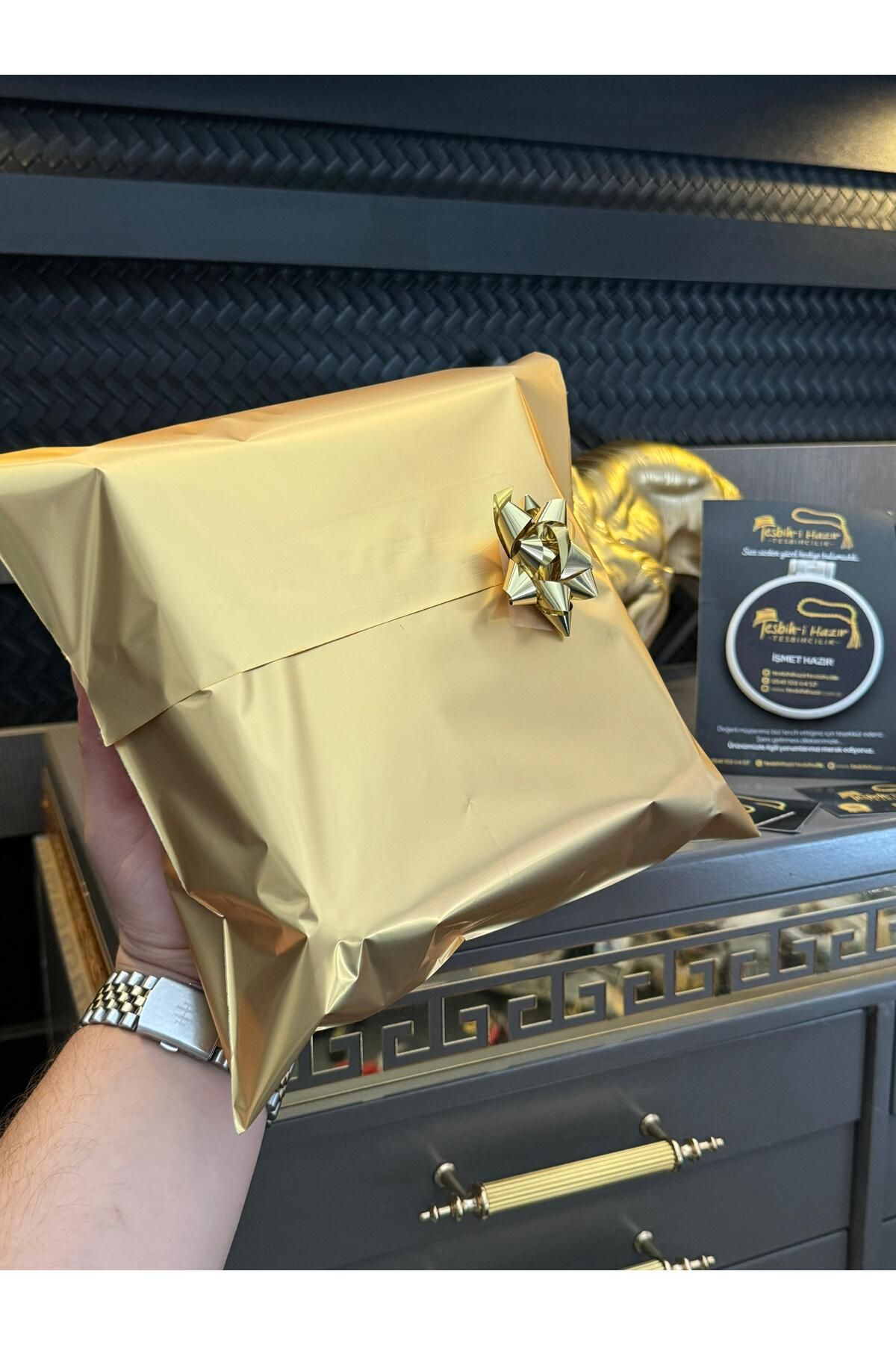 Hareli Sıkma Kehribar Tesbih 14K Altın Kaplama Püskül Tasarımlı