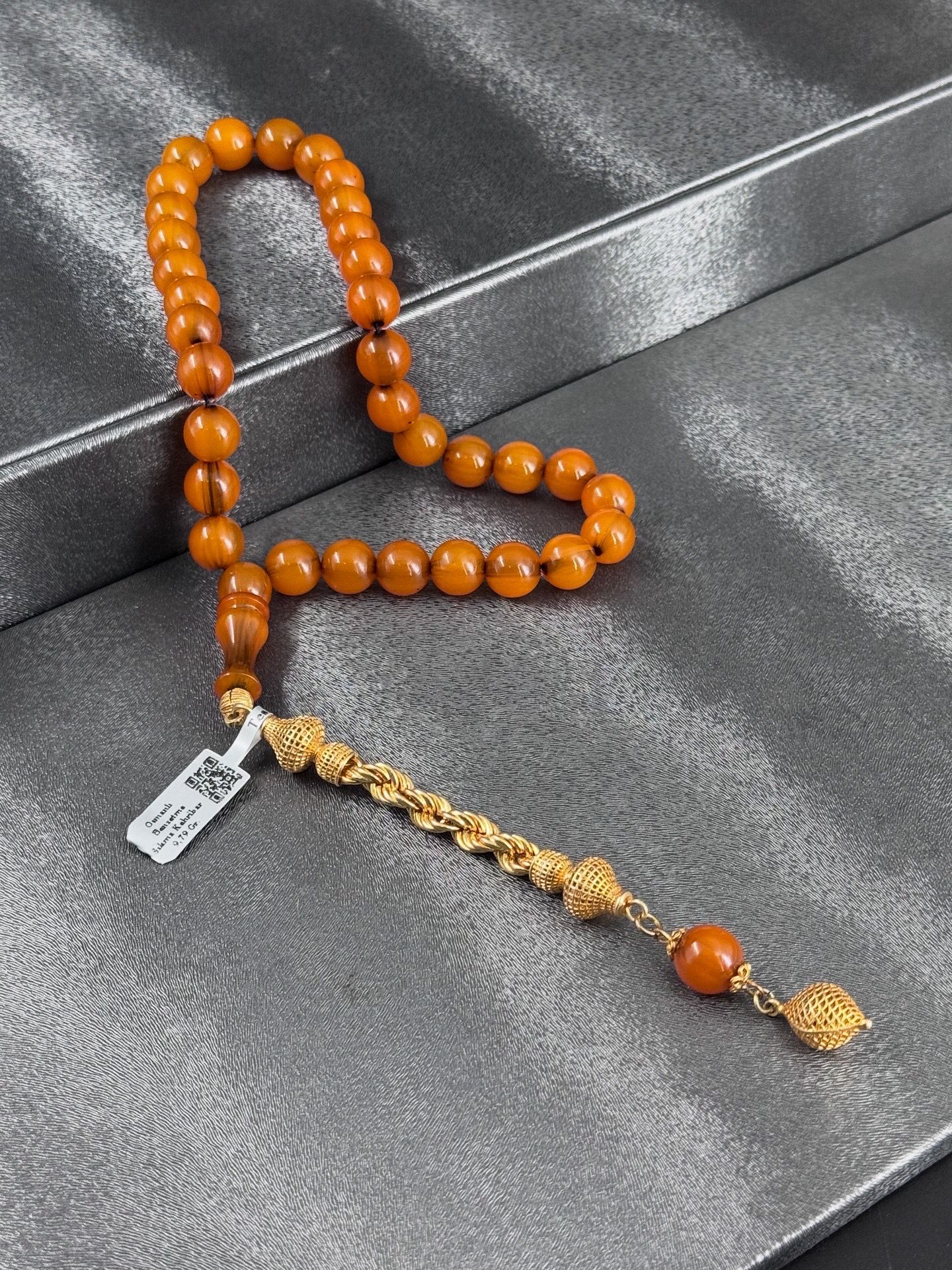 Osmanlı Benzetme Hareli Sıkma Kehribar Tesbih 22K Özel Tasarım Altın Kaplama Püskül 