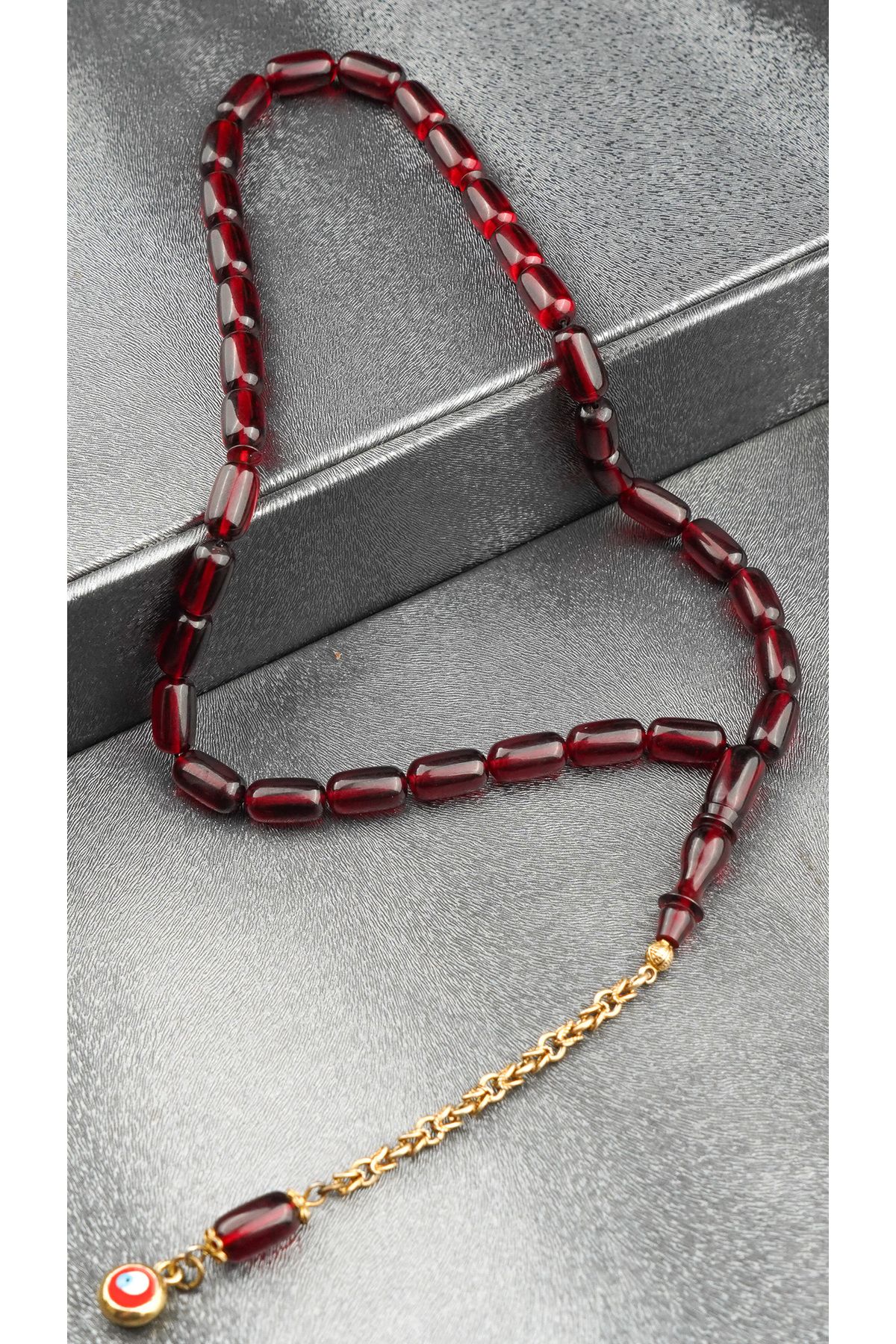 ATEŞ KEHRİBAR TESBİH 14K ALTIN KAPLAMA ÖZEL TASARIM PÜSKÜLLÜ