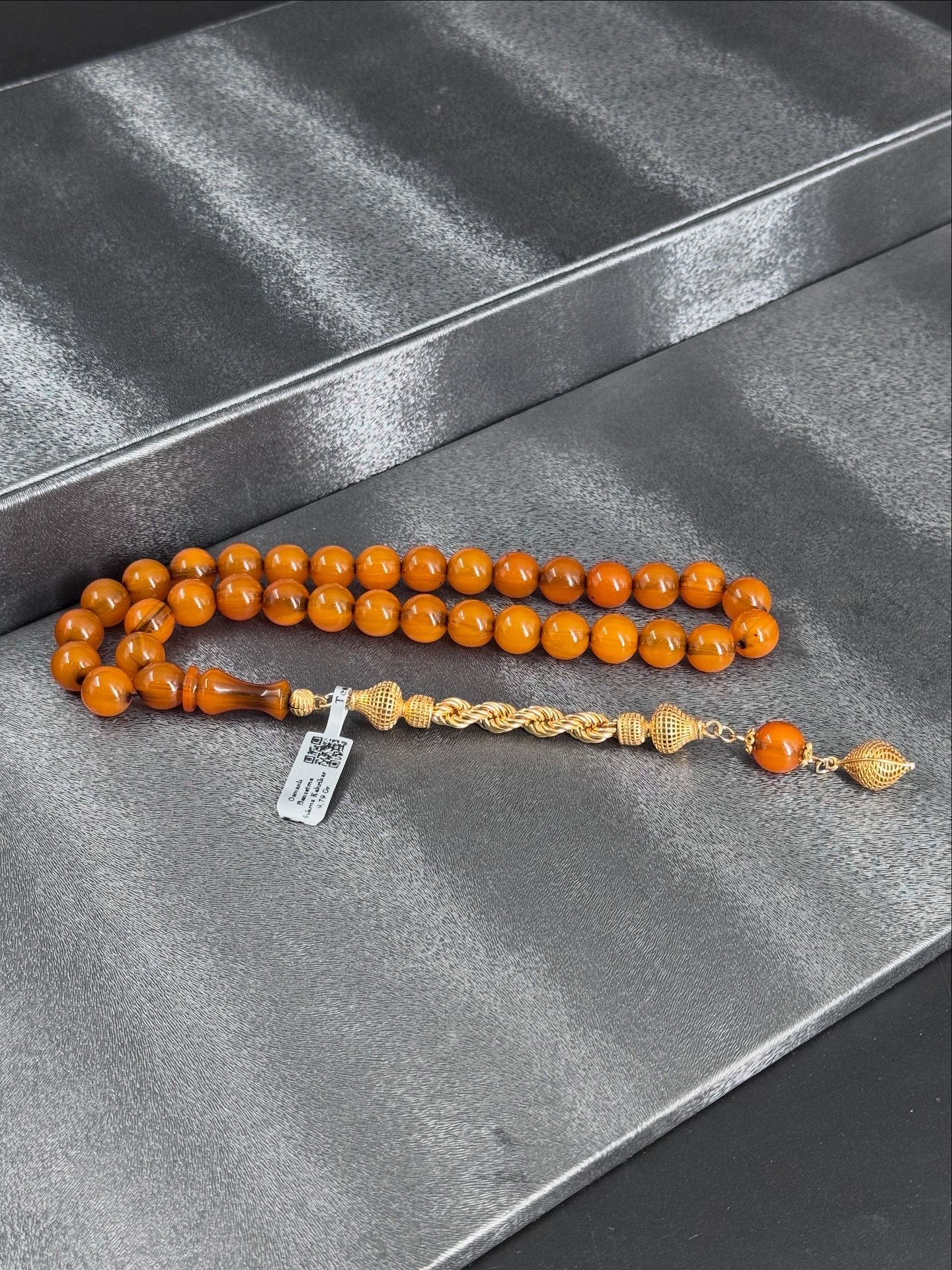 Osmanlı Benzetme Hareli Sıkma Kehribar Tesbih 22K Özel Tasarım Altın Kaplama Püskül 