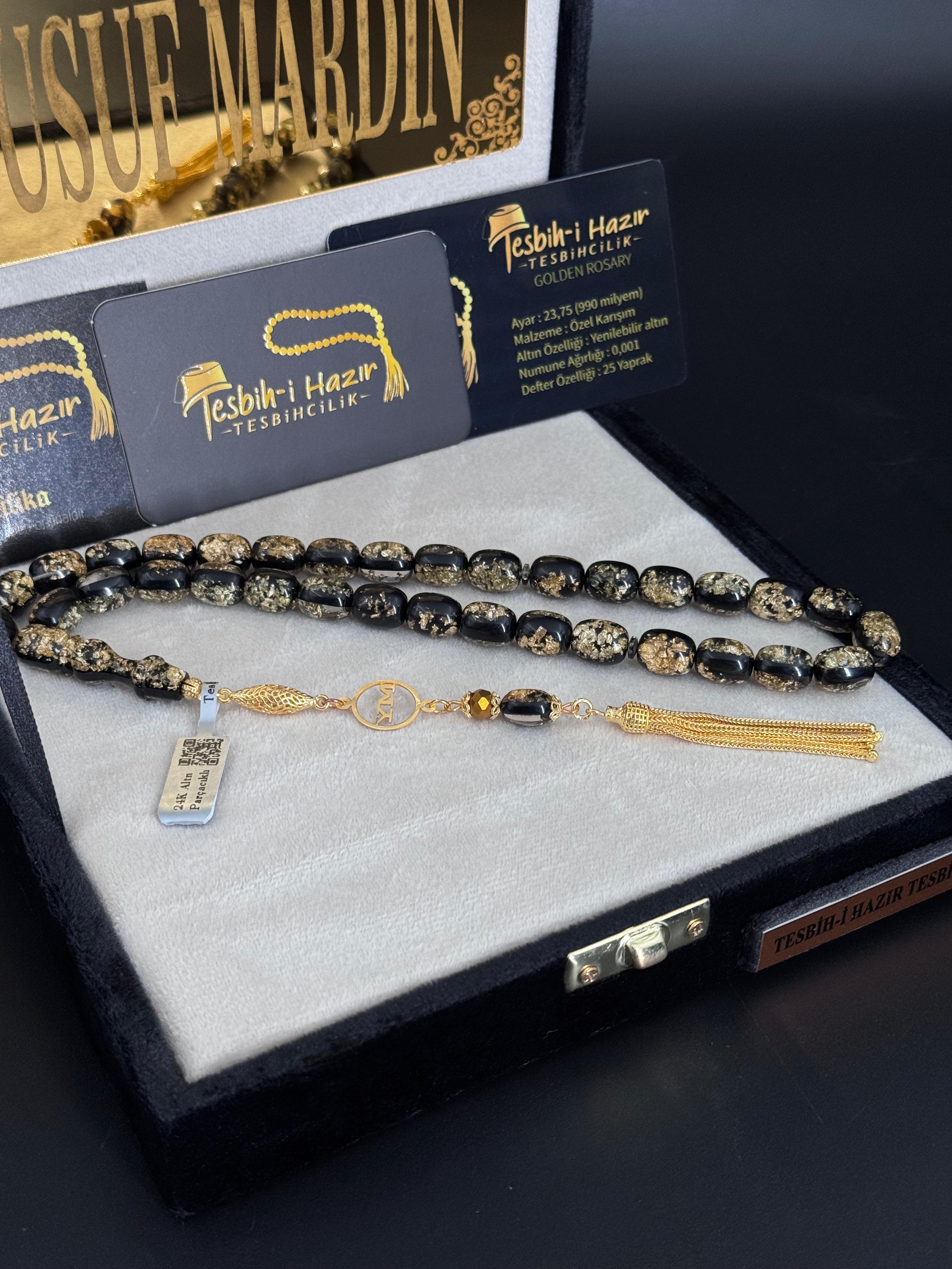 24 Ayar Altın Parçacıklı Sertifikalı Tesbih 14 Ayar  Altın Kaplama Özel Tasarım Tesbih
