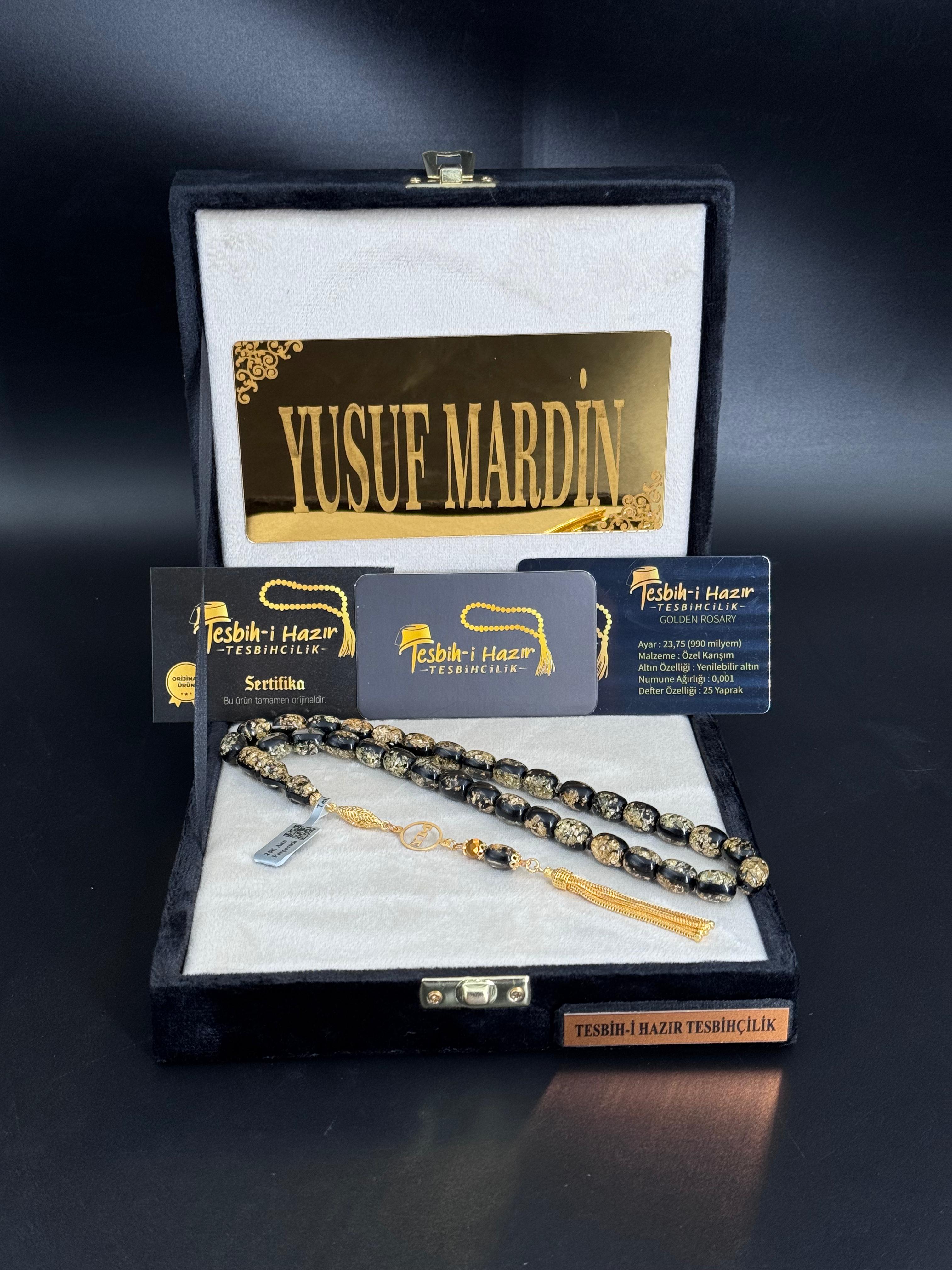 24 Ayar Altın Parçacıklı Sertifikalı Tesbih 14 Ayar  Altın Kaplama Özel Tasarım Tesbih