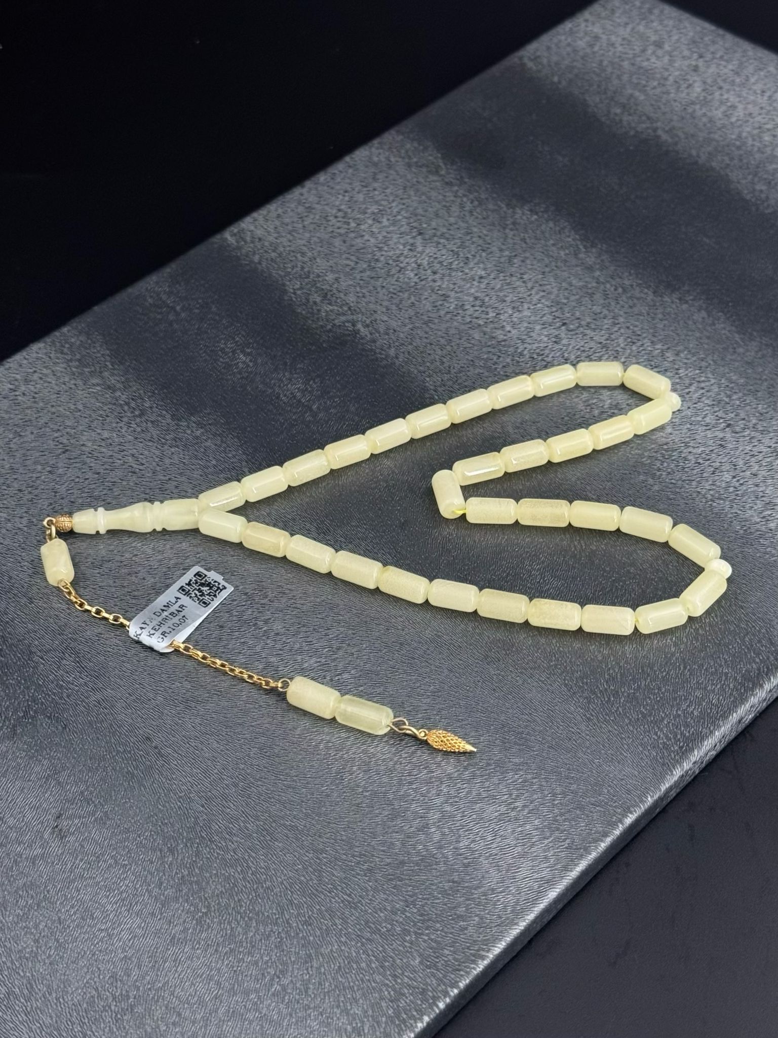 Beyaz Kaliningrad Rus Kaya Damla Kehribar Tesbih 14K Altın Püskül  1.83 Gr 