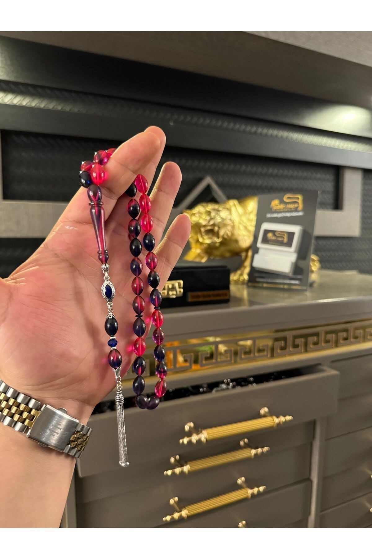 Nadir Çıkan Pembe Mor Damarlı Ateş kehribar tesbih 925 ayar Mineli Gümüş Püskül