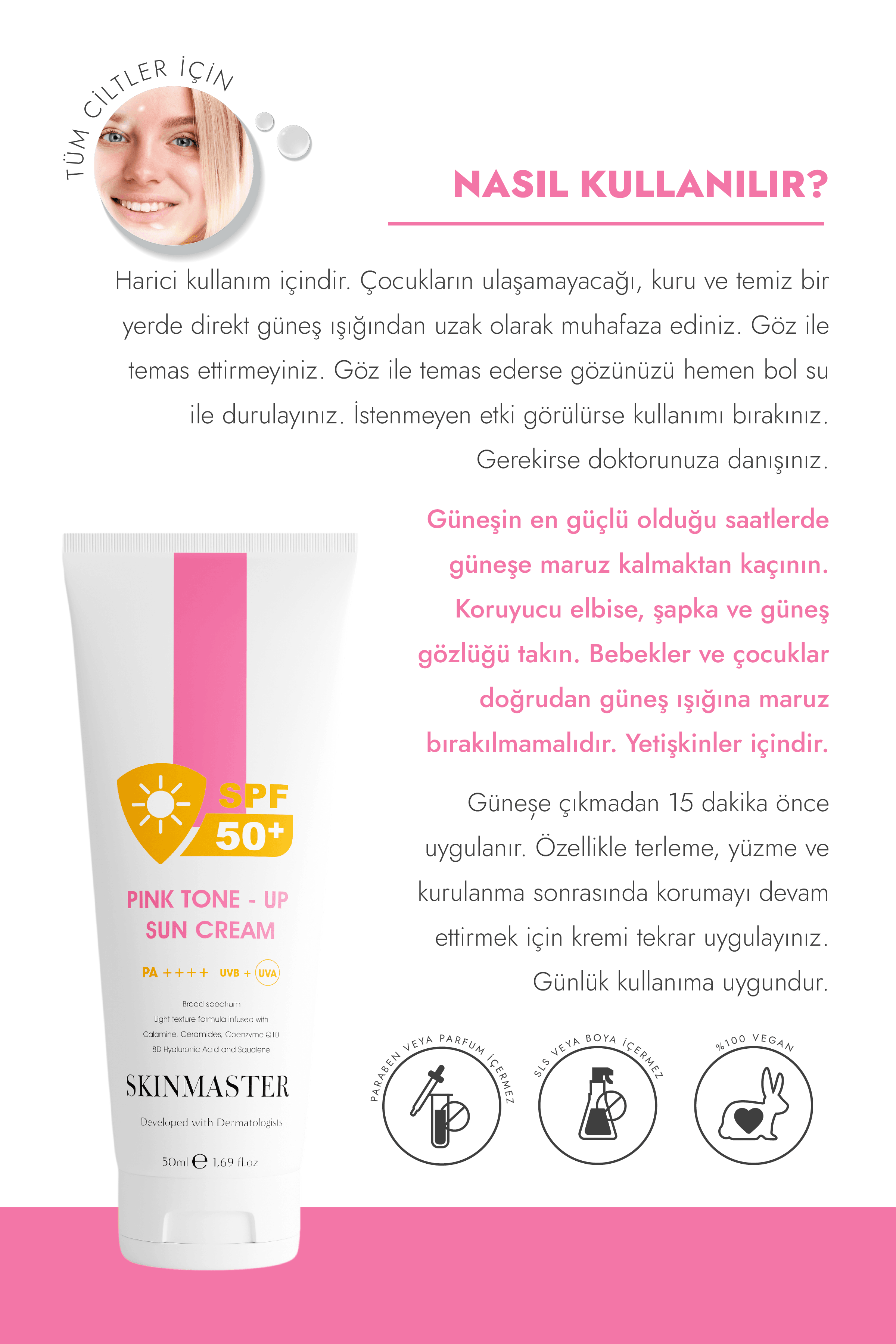 SPF 50+ Pembe Ton Eşitleyici Güneş Kremi, 50ml - Aydınlatıcı, Tüm Cilt Tipleri İçin